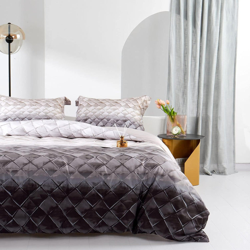 MILDLY 100% Long-Staple Cotton Duvet Cover Set Gray Beige Geometric Pattern Printed Comforter Cover 3pcs, Ultra Soft & Breathable Bedding Set