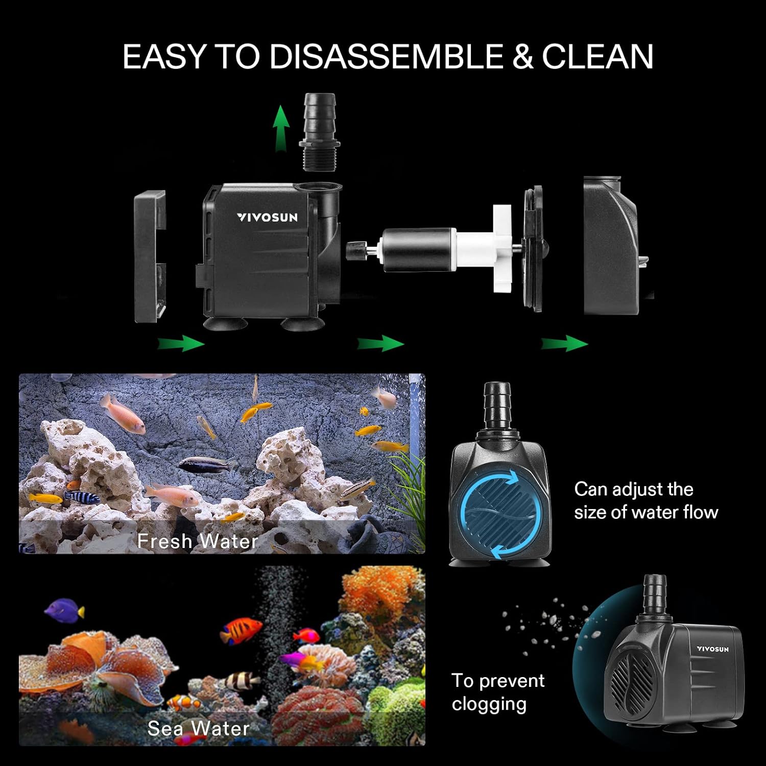 VIVOSUN 480GPH Submersible Pump(1800L/H, 25W), Ultra Quiet Water Pump with 7.2ft High Lift, Fountain Pump with 5ft Power Cord, 3 Nozzles for Fish Tank, Aquarium, Statuary, Hydroponics Black