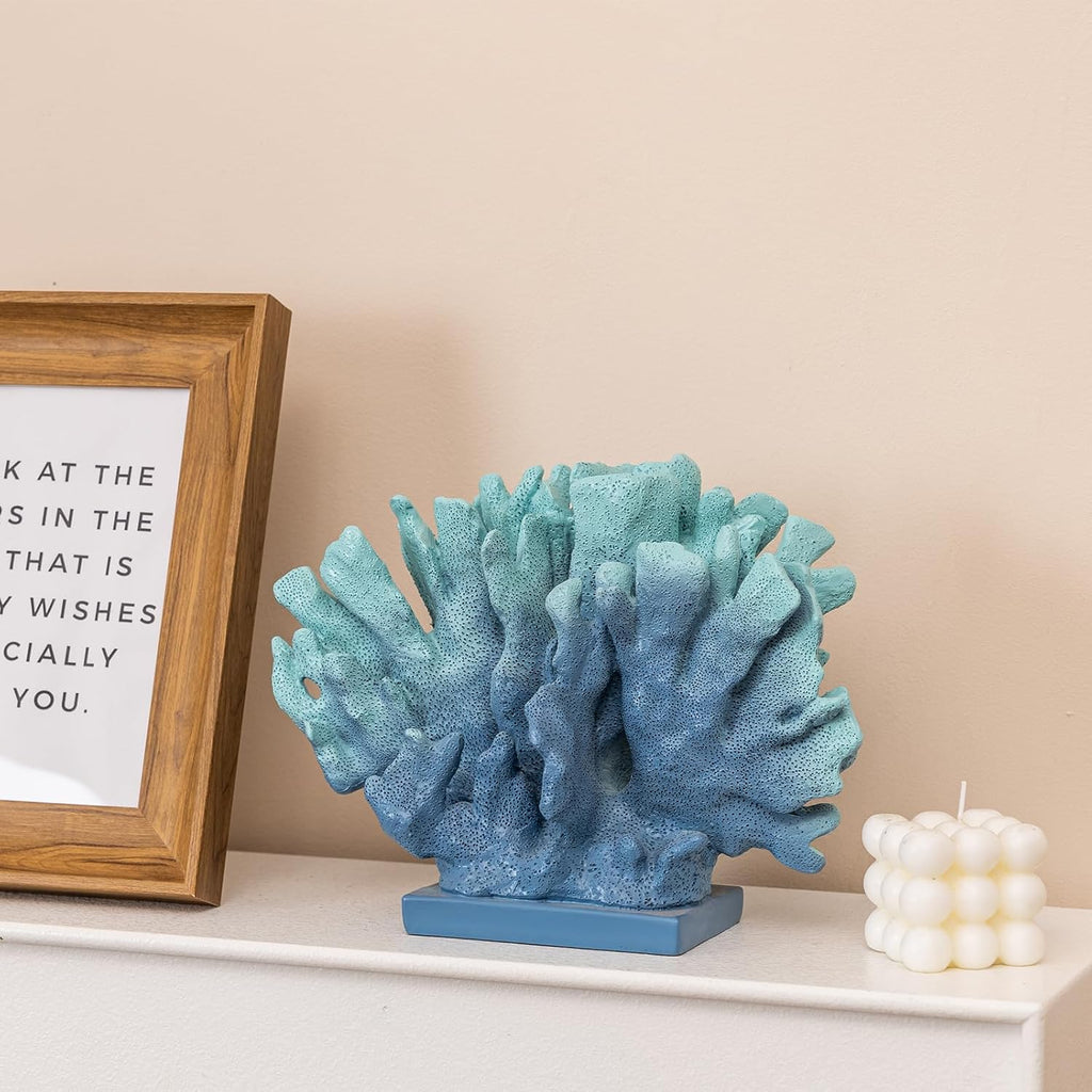 6" H Blue Coral Decor, Resin Coral Statue, Nautical Decorations for Home, Bedroom Wedding, Bathroom, Living Room, Beach/Coastal/Ocean Themed Cabinet Shelf Tabletop Decor