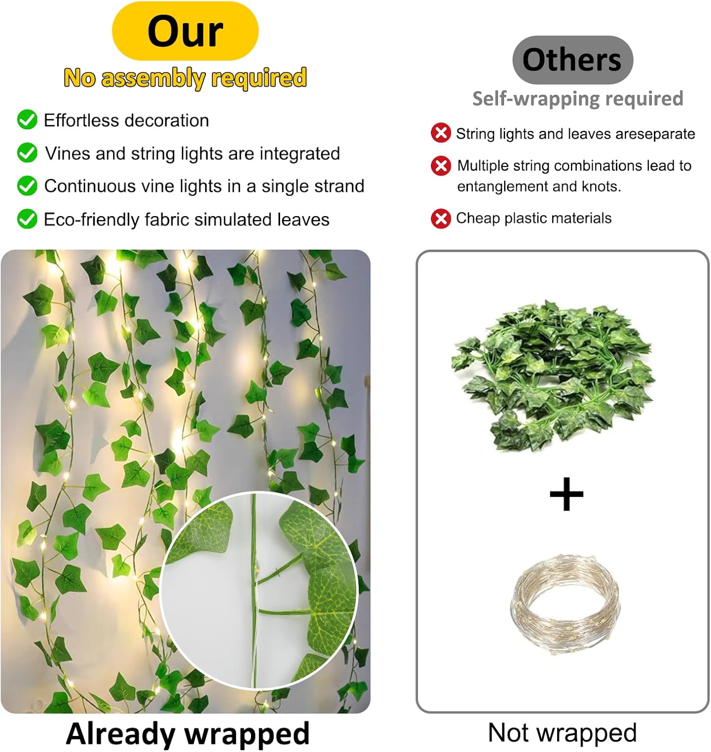 Vine with Fairy Lights Battery Operated, 33Ft 100 LED Ivy String Lights with Remote, Leaf Lights for Bedroom Room Wall Garden Party Wedding Decor (Warm White)