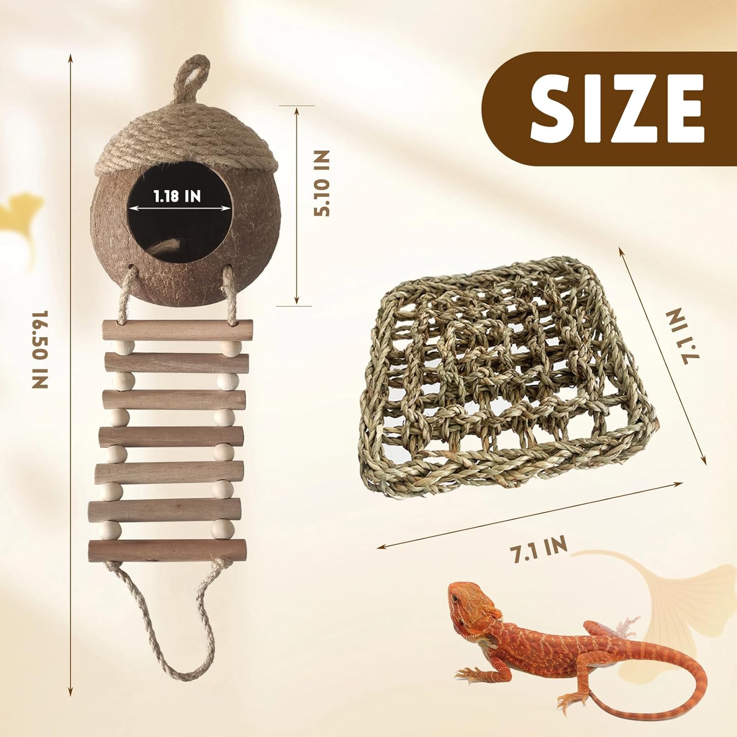 Lizard Coco Den with Ladder,5PCS Leopard Gecko Tank Accessories Reptile Terrarium Plants Hammock Coconut Hut Hide Hanging Reptile Decor for Crested Gecko,Baby Bearded Dragon,Chameleon,Snake