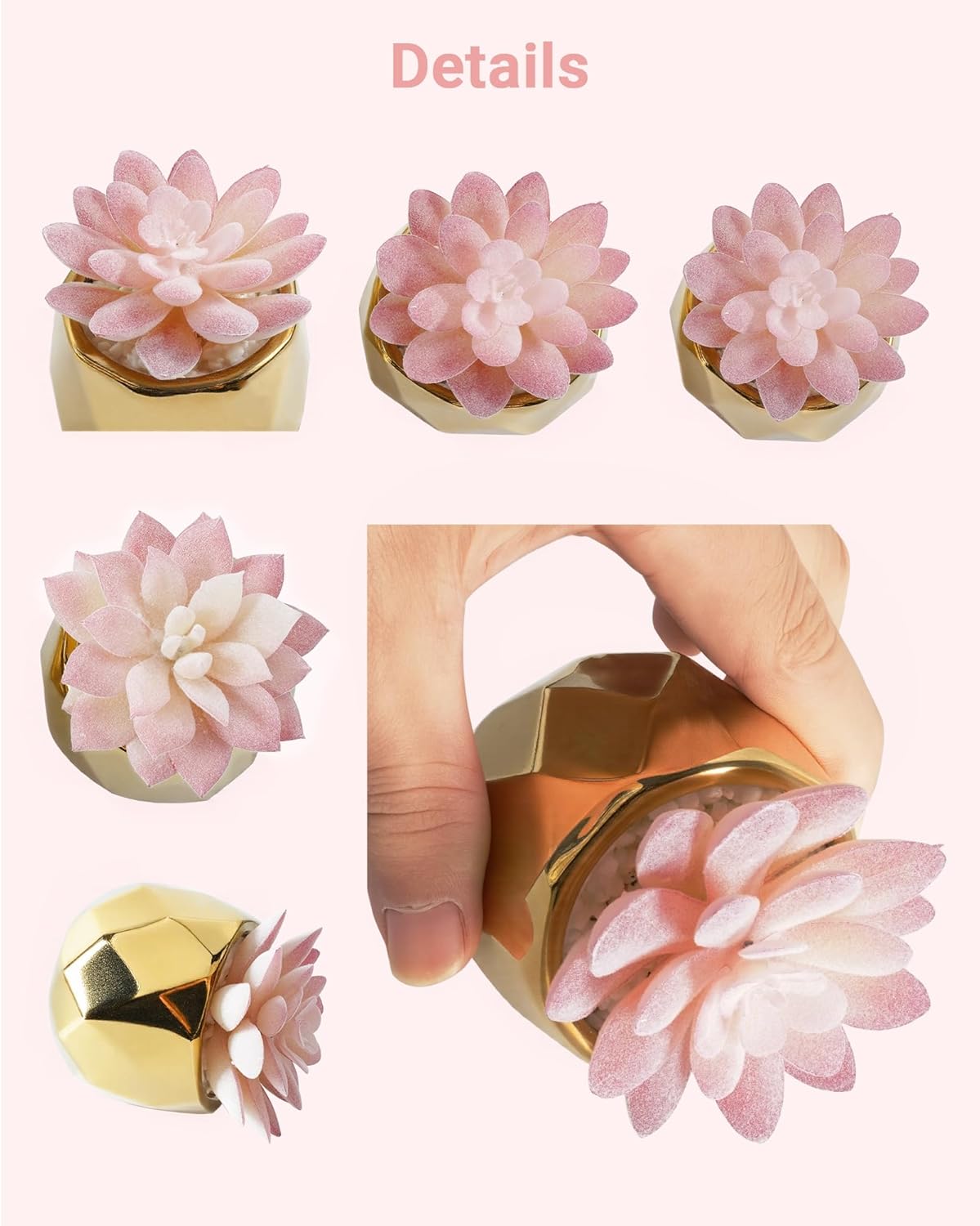 VIVERIE Mini Succulents Plants Artificial in Pots-Pink with Golden Ceramic, Christmas Small Fake Succulents Plants for Home Decor Indoor for Women, Set of 2, Gifts for Mom