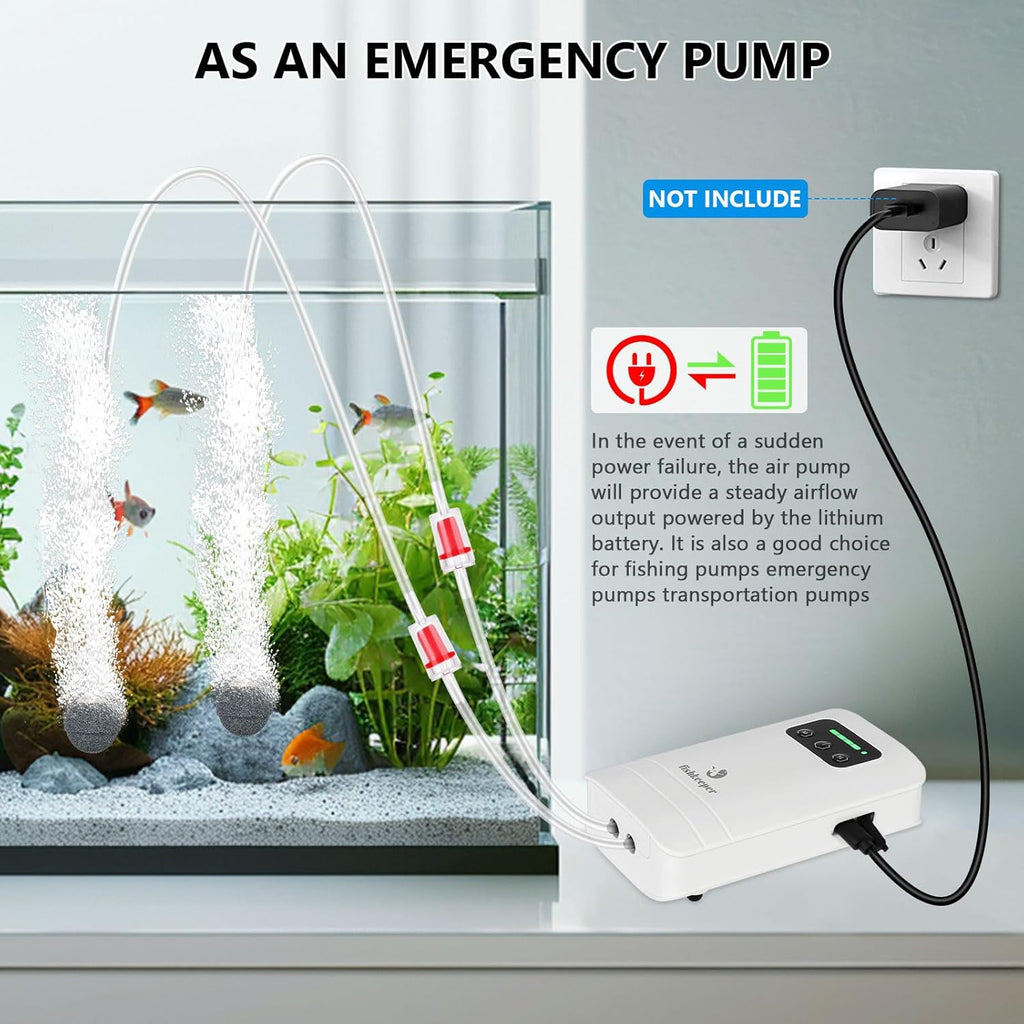 fishkeeper Battery Powered Aquarium Air Pump, USB Rechargeable Aerator Fish Tank Air Pump for 5-125 Gallons Portable Oxygen Pump for Outdoor Fishing, Power Outages and Emergency (4W 80GPH)