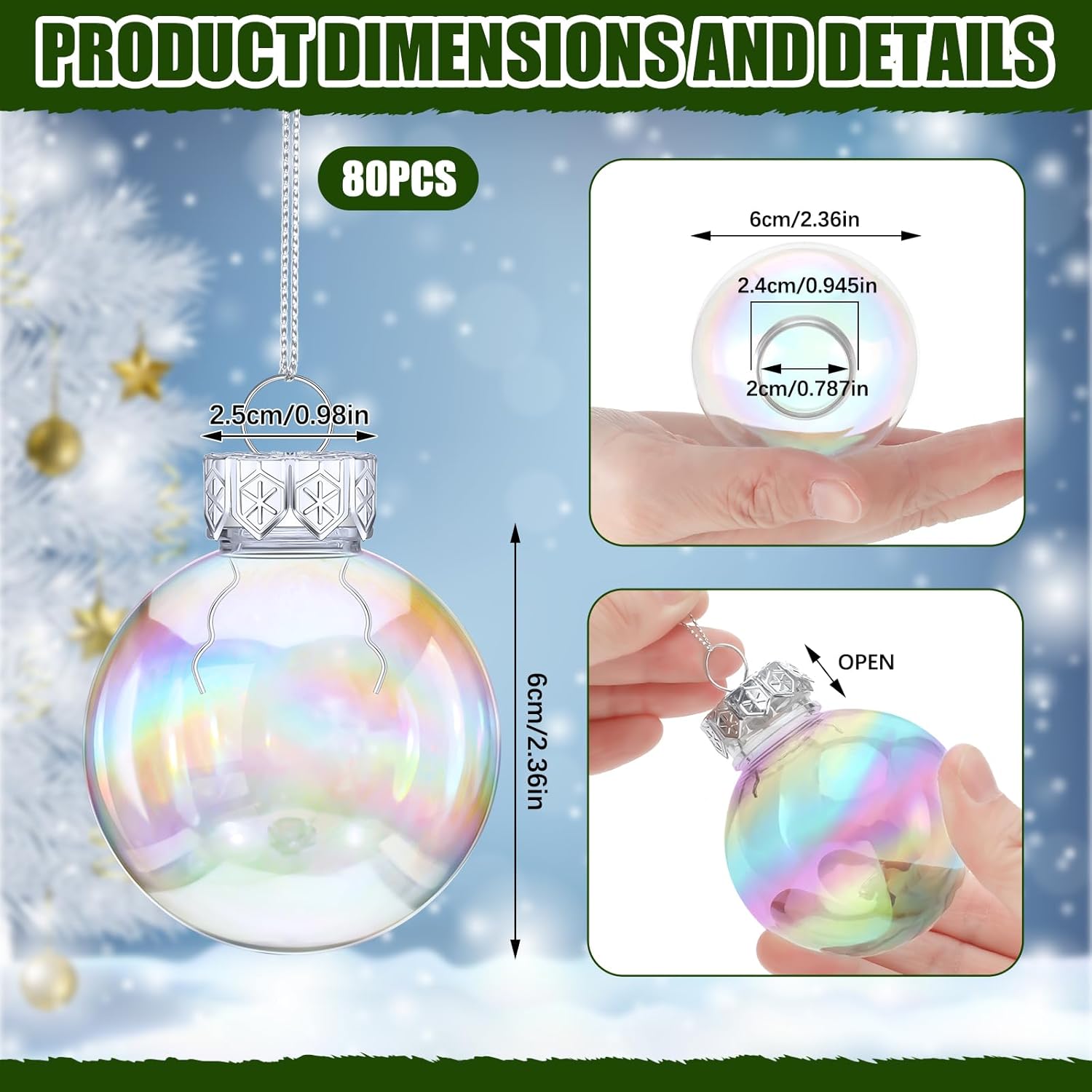 Funtery 80 Pcs Christmas Iridescent Clear Ornaments Balls Iridescent Christmas Balls for Tree Crafts Fillable Transparent DIY Hanging 2.5 Inch Rainbow Ball for Holiday Decor (Iridescence Style)