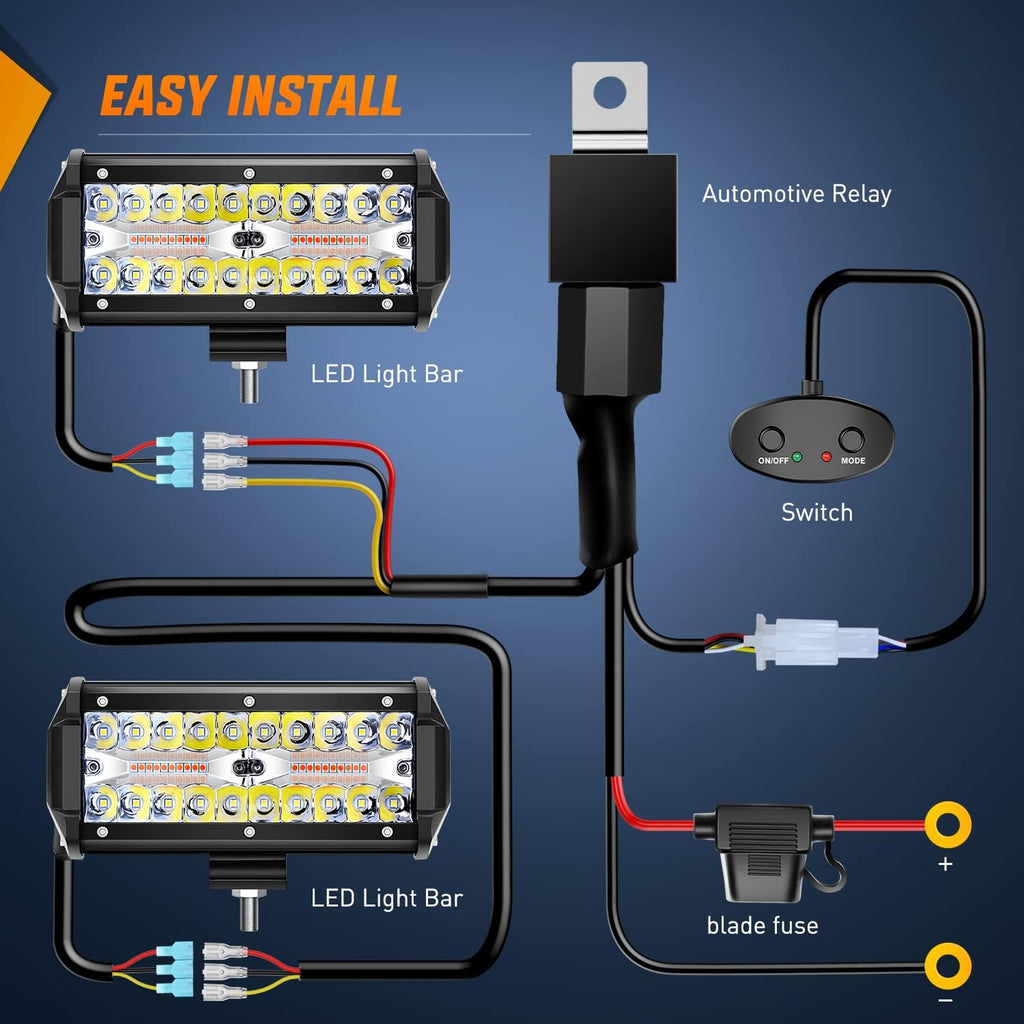 Nilight 2PCS 6.5 Inch 120W LED Light Bar Amber White Strobe 6 Modes Memory Function Off-Road Truck Car ATV SUV Cabin Boat with 16AWG Wiring Harness Kit-2 Lead