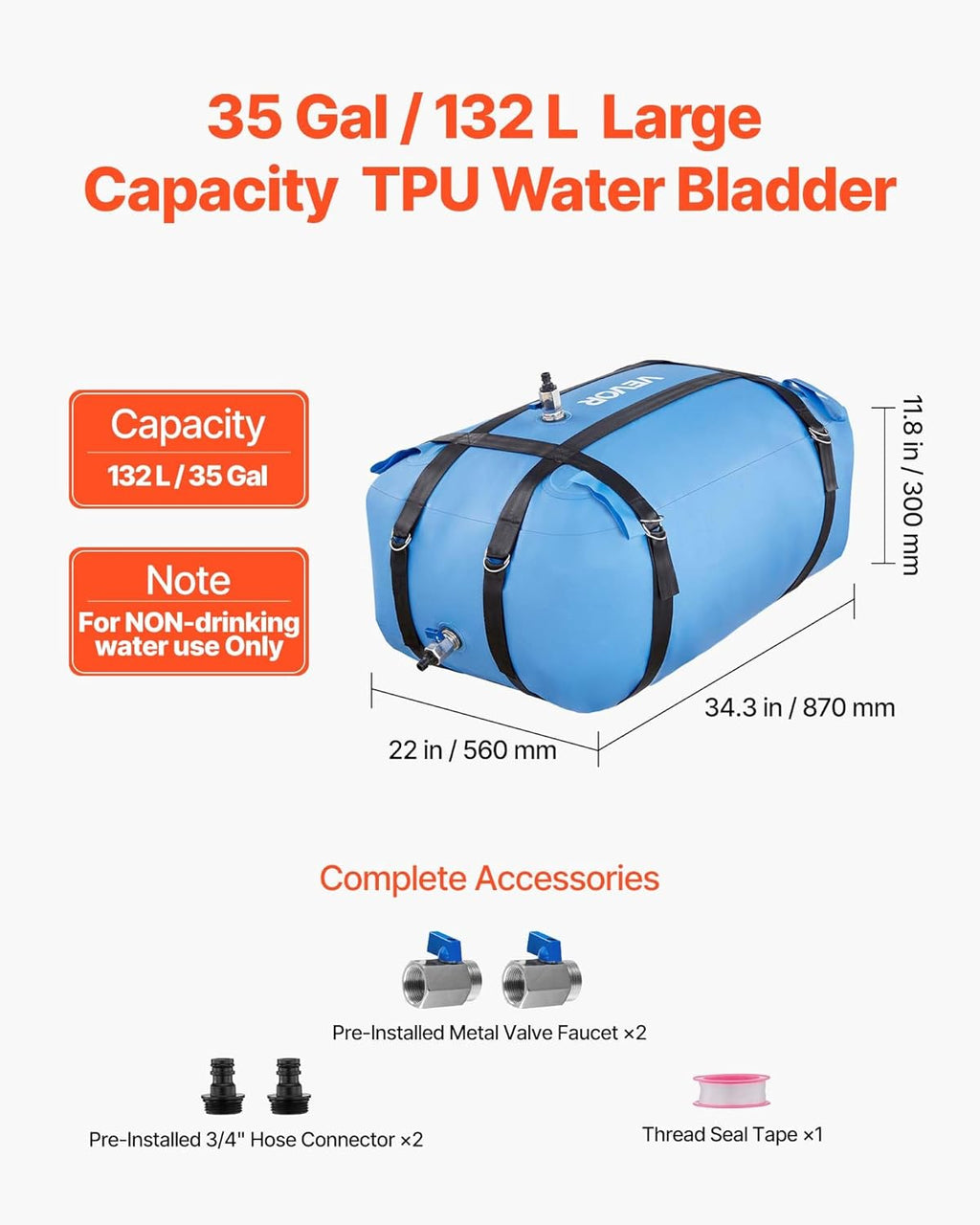 VEVOR Water Storage Bladder, 35 Gallon Large Capacity TPU Soft Water Bag, Portable & Collapsible Water Storage Containers, Leakproof & Wear-Resistant RV Waters Tank for Camping Irrigation Outdoor Use