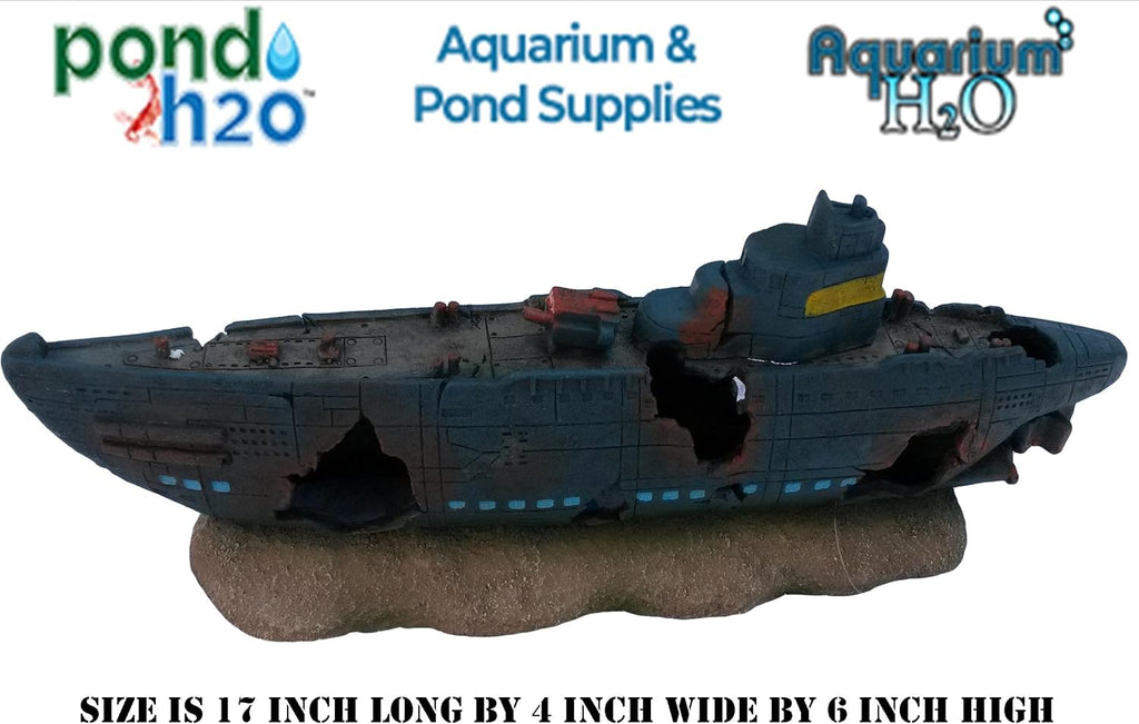 Large Submarine Aquarium or Fish Tank Ornament,17 Inches Long, Military Navy Wrecked Sub Aquarium Decoration, Cool Fish Tank Decoration That Provides Coverage for Shy Fish to Hide