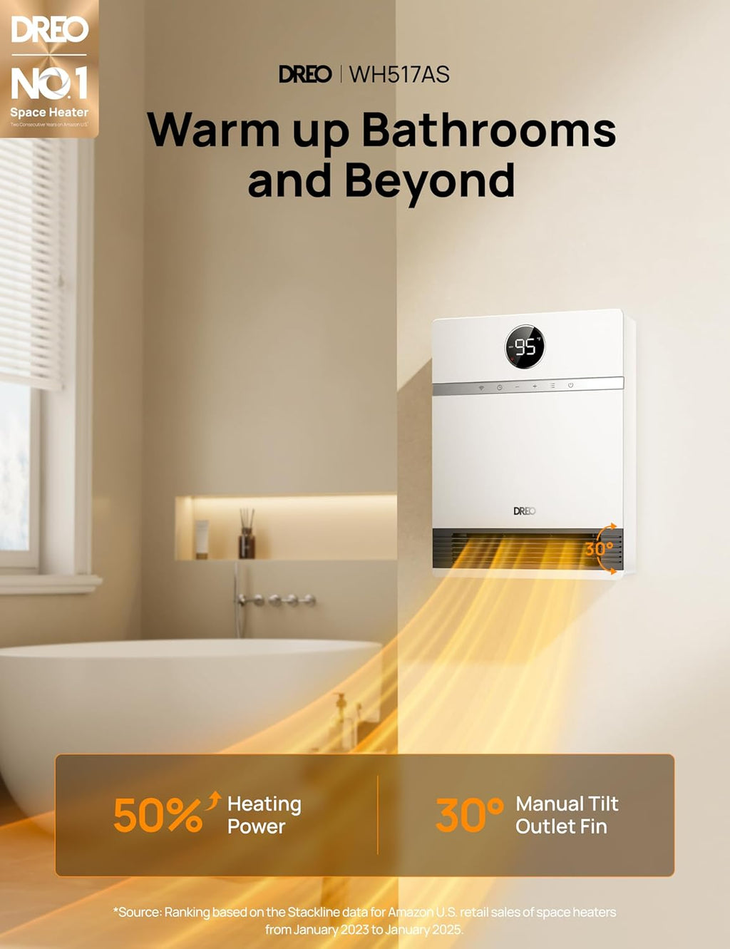 Dreo Smart Wall Heater, IP24 Electric Space Heater with ALCI Plug for Indoor Use, 30° Oscillation, Adjustable Thermostat, Remote Control, Works with Alexa, 24H Timer, Easy-mounted Heater for Bathroom