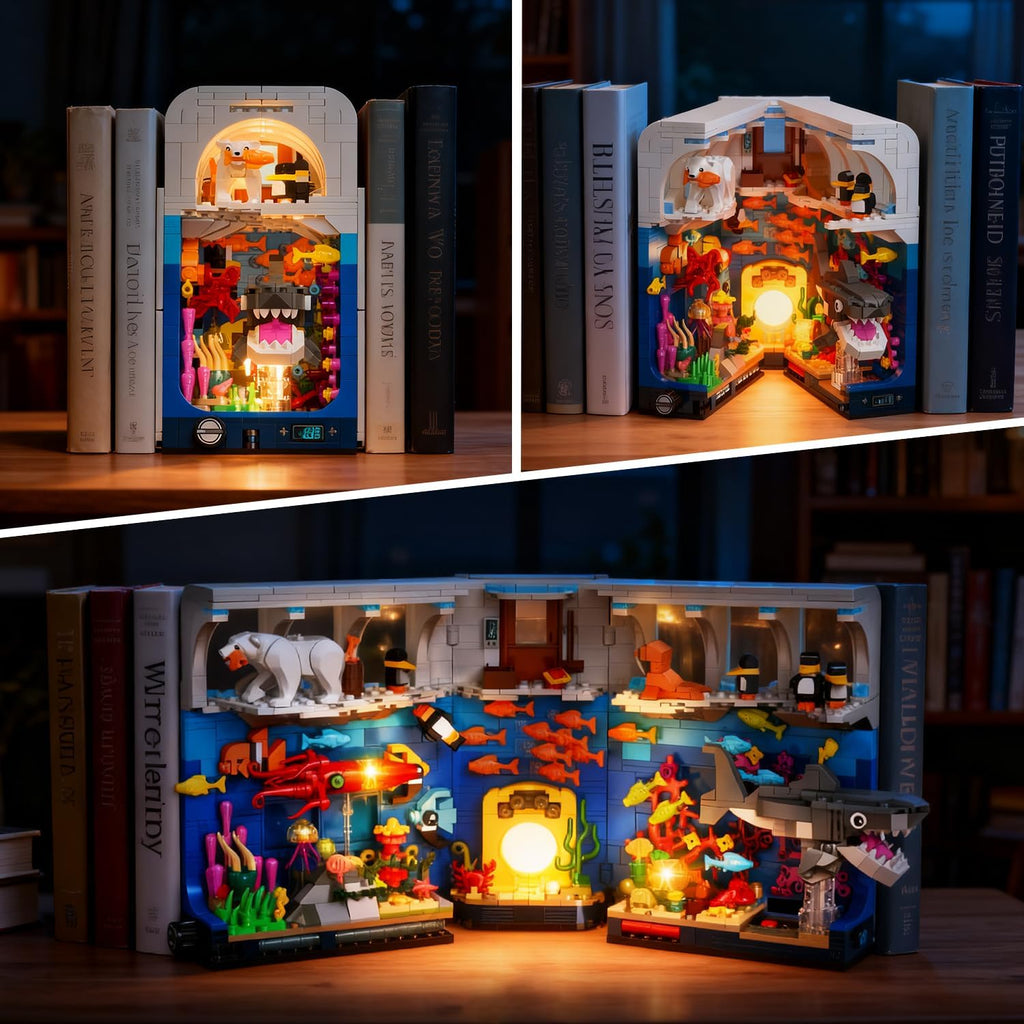 HOGOKIDS Aquarium Book Nook Building Set with Lights - Booknook Fish Building Toy for Bookshelf Home Decor, 1064PCS Movable Shark Ocean Polar Animals Blocks Bookend Kit for Adults Teens Boys Girls 8+