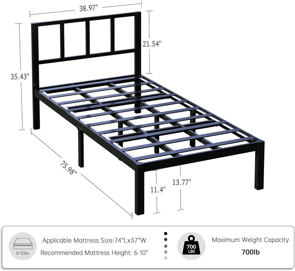 14 Inch Bamboo Bed Frame – Solid Wood Platform Bed Frame, Strong and Stable, with Non-Slip Slats for Support, No Box Spring Needed, Easy to Assemble, Noise-Free (Black with Headboard, Twin)
