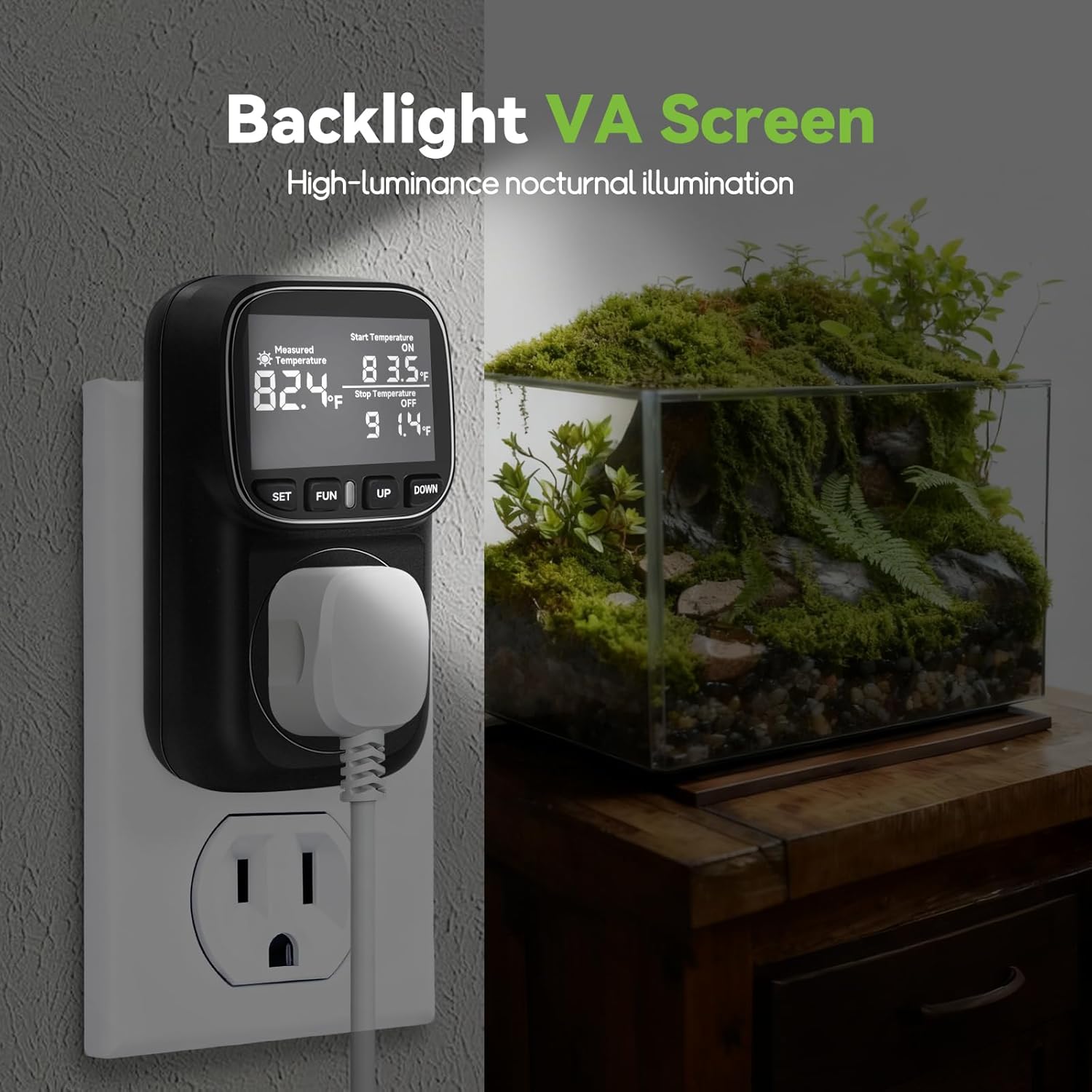 Digital Thermostat Outlet, Plug in Thermostat for Heater, Reptile & Greenhouse - 15A/1800W Temperature Controlled Plug with VA Display, Cyclic Timing/Countdown (-40°F~210°F) Black