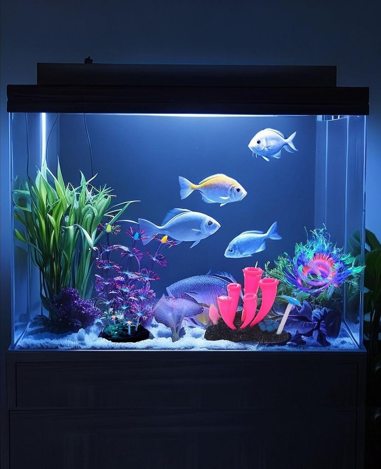 4 Pieces Aquarium Fish Tank Decorations with Glowing Effect, Silicone Glow Artificial Ornament Coral Reef Plants for Aquarium Decoration Small and Large Fish Bowl Decor Accessories