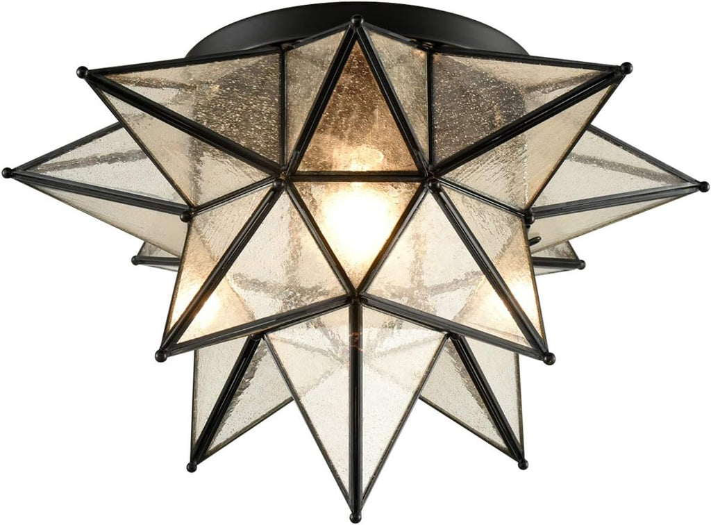 DAYCENT Boho Moroccan Seeded Glass Black Moravian Star Flush Mount Ceiling Light Fixture, 18 Inches