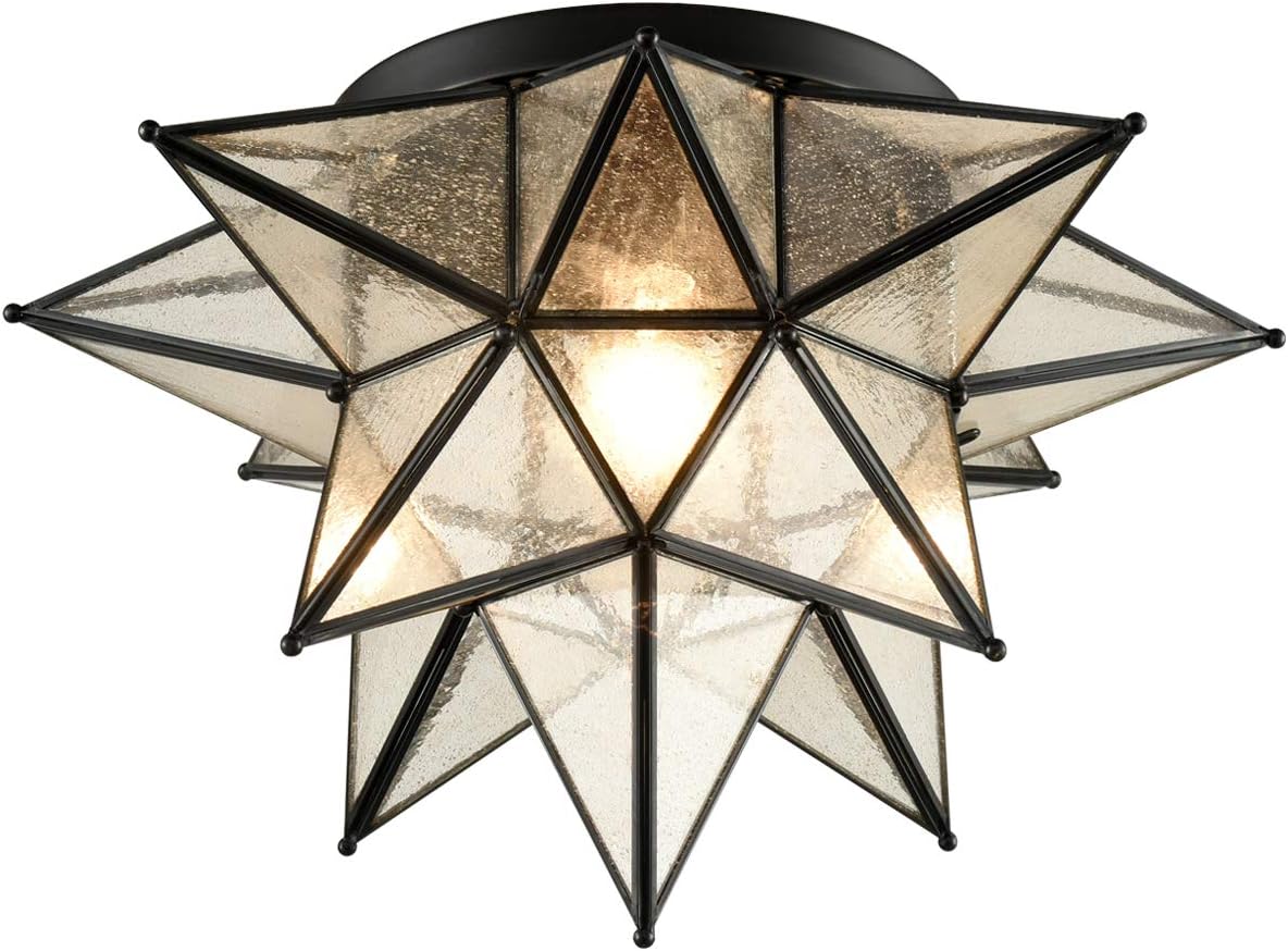 DAYCENT Boho Moroccan Seeded Glass Black Moravian Star Flush Mount Ceiling Light Fixture, 18 Inches