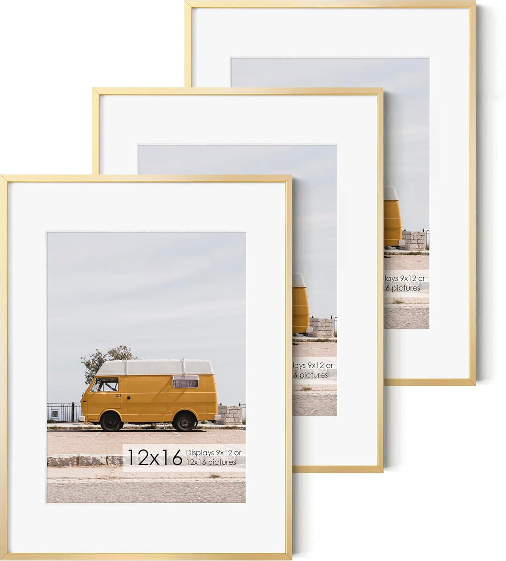 Fun Memories 12x16 Metal Picture Frame -12x16 Aluminum with Shatter-Resistant Glass - Displays 9x12 Photos Mat or Images without Ideal for Home Office Decor(Gold, Pack of 3)