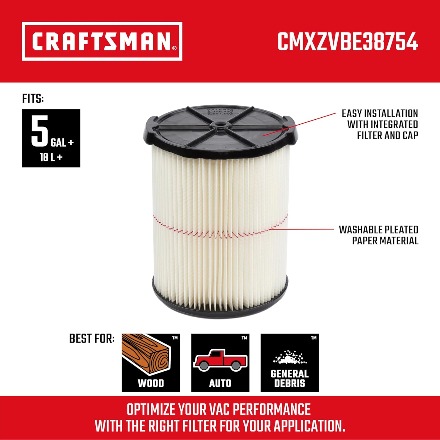 CRAFTSMAN CMXZVBE38754 Genuine General Purpose Wet Dry Vac Replacement Vacuum Filter for Most 5 to 20 Gallon CRAFTSMAN Shop Vacuums, Easy Installation and Traps General Debris