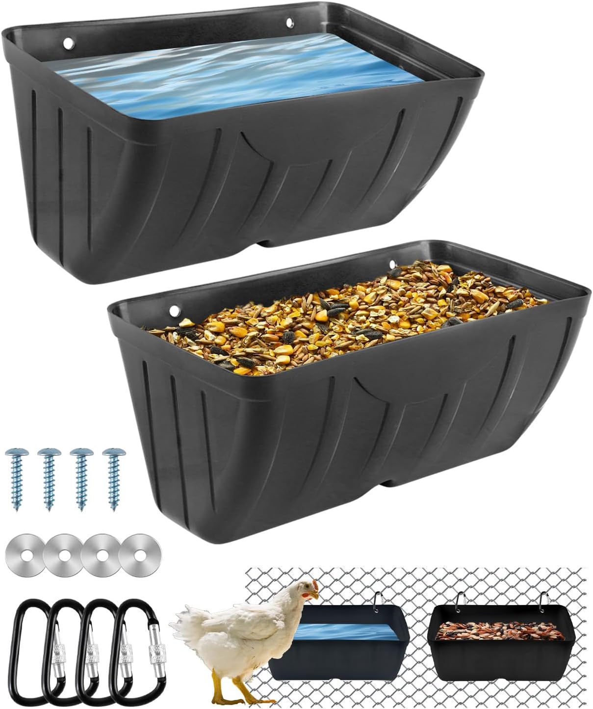 Chicken Feeder, 2 Pack, Poultry Feeders and Waterers, Hanging Goat Feeder, Livestock Fence Feeder, Feed Trough and Waterer Bucket with Clips, Black