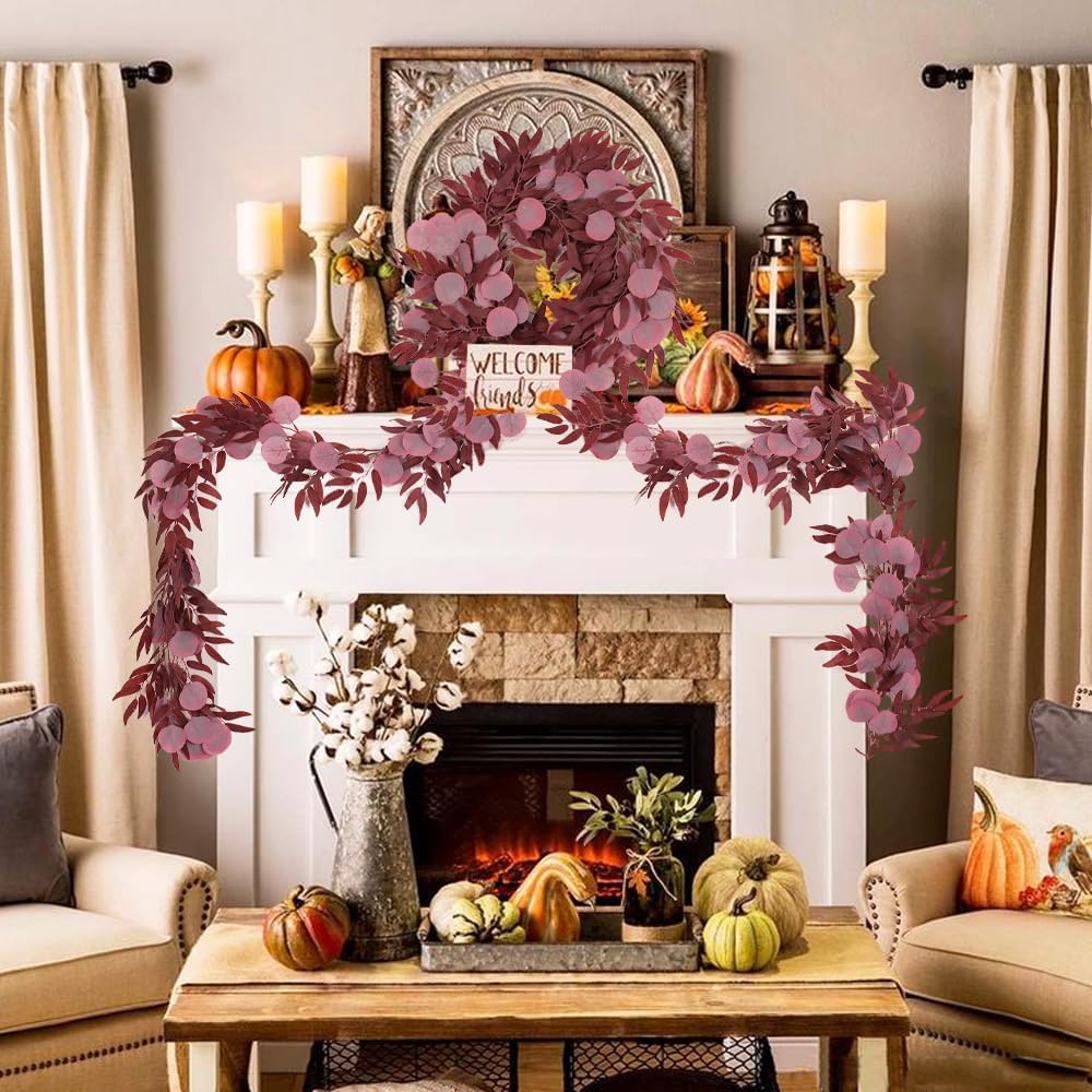RECUTMS 2Pcs Artificial Eucalyptus Garlands with Willow Leaves 6.6Ft Faux Hanging Eucalyptus Willow Vines Fall Rattan Thanksgiving Christmas Party Wedding Table Centerpiece Fireplace Decor(Burgundy)