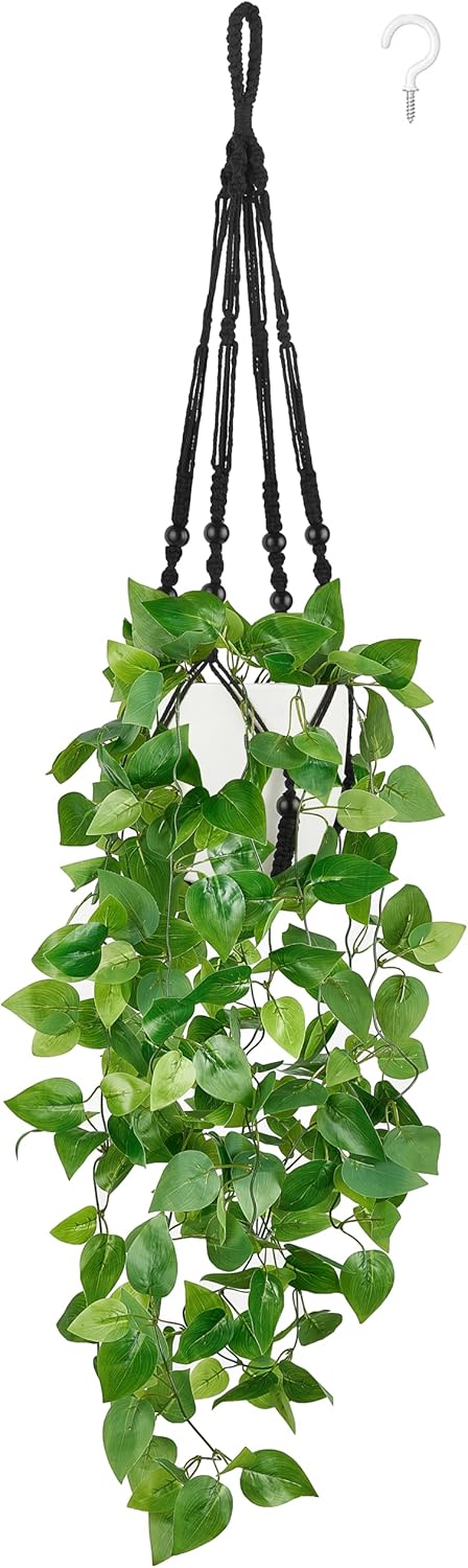 Mkono Fake Hanging Plant with Pot, Artificial Plants for Home Decor Indoor Macrame Plant Hanger with Fake Vines Faux Hanging Planter Greenery for Bedroom Bathroom Kitchen Office Decor (1, Black)