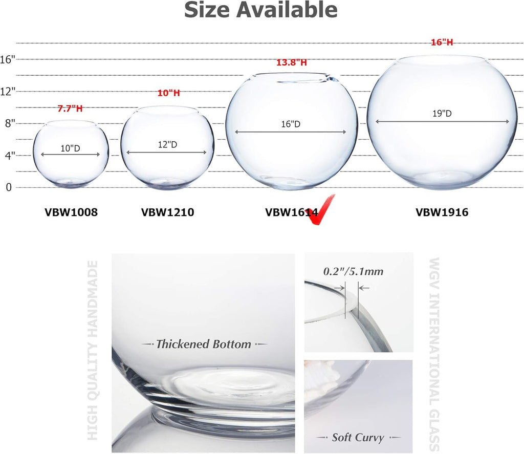 WGV Large Bowl Glass Vase, Diameter, Height, (Multiple Sizes Choices) Clear Huge Round Bubble Vase Jar, Floral Planter Terrarium for Wedding Event Home Decor (15.8" D)