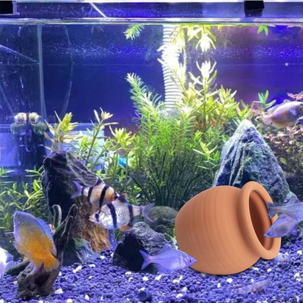 Ceramic Aquarium Decor Jar, Betta Fish Tank House Accessory, Terracotta Pot Aquarium Hideout Cave, Shelter for Small Fish Shrimp Tank, Pets to Breed Play Rest Hiding (Large)