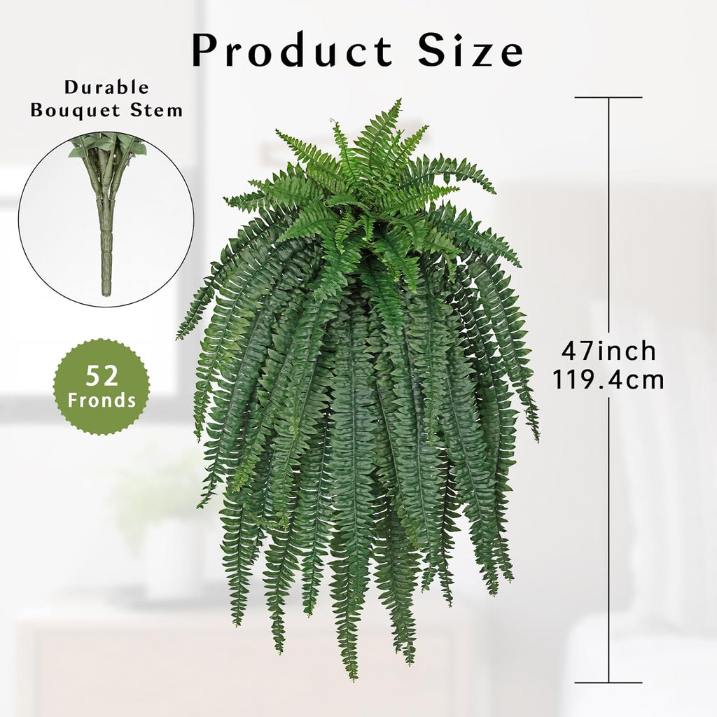 Ferns Fake Plants 52 Fronds Artificial Plants Outdoor 47" Long Fake Fern Look Real Large Plant Artificial Ferns Potted | Hanging Boston Fern | Fake Plant Shrubs for Home Garden Porch Farmhouse Decor