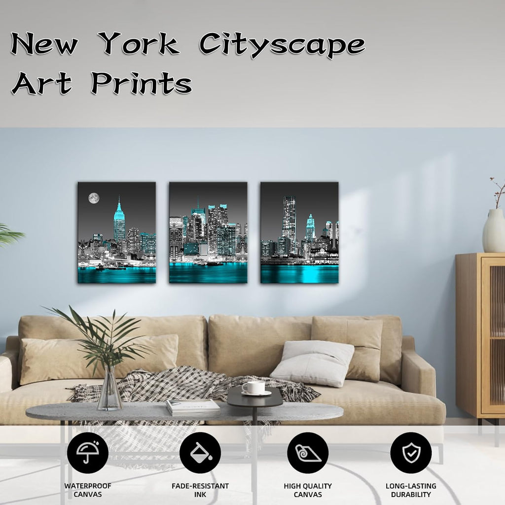The Mode Art 3 Panels City Night View Picture Canvas Print blue Cityscape Poster Photo Painting Modern Wall Artwork for Home Office Living Room Bedroom Decor Gallery Wrap 12x16inch