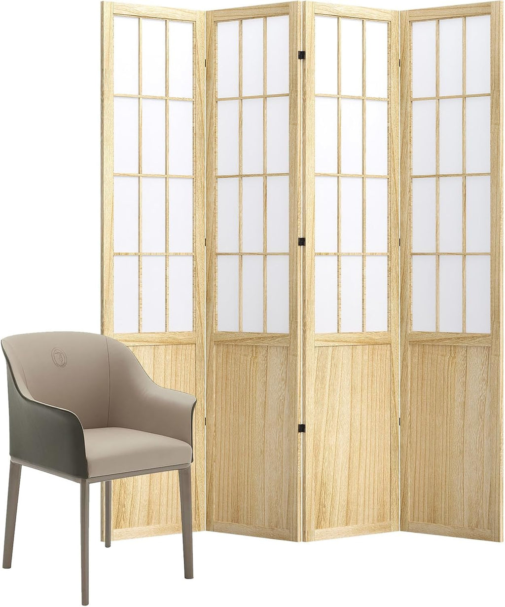 Room Divider, 66.9Inch Tall Japanese Shoji Style Folding Wood Screen with Double Hinges for Home Office Bedroom Hotel Decoration (4Panels, Natural)