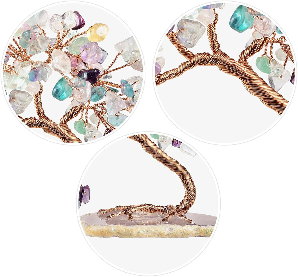 mookaitedecor Natural Fluorite Crystal Money Tree Agate Slice Base Feng Shui Bonsai Crystal Tree for Wealth Luck Desk Decor, 3-4 Inch High