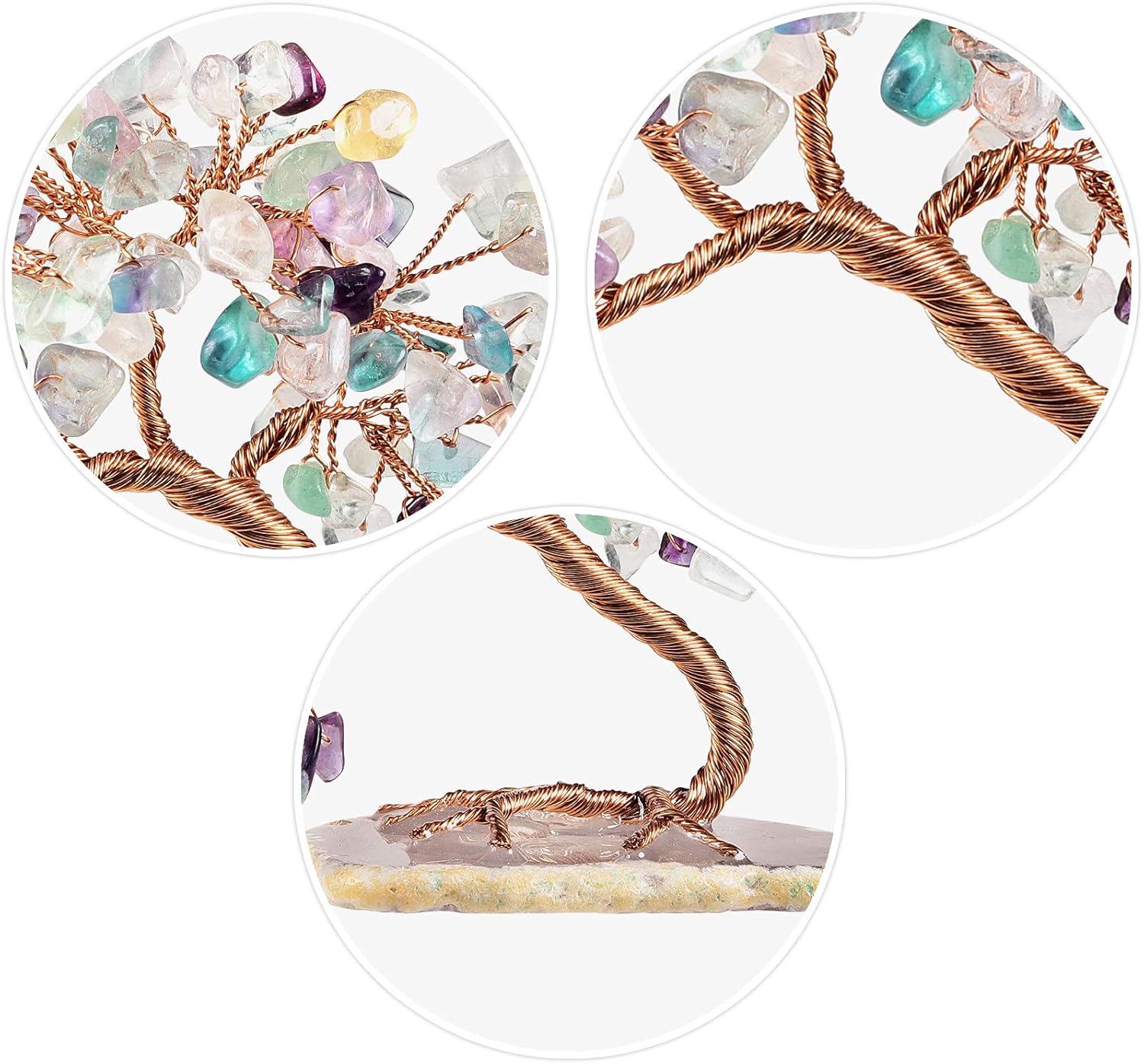 mookaitedecor Natural Fluorite Crystal Money Tree Agate Slice Base Feng Shui Bonsai Crystal Tree for Wealth Luck Desk Decor, 3-4 Inch High
