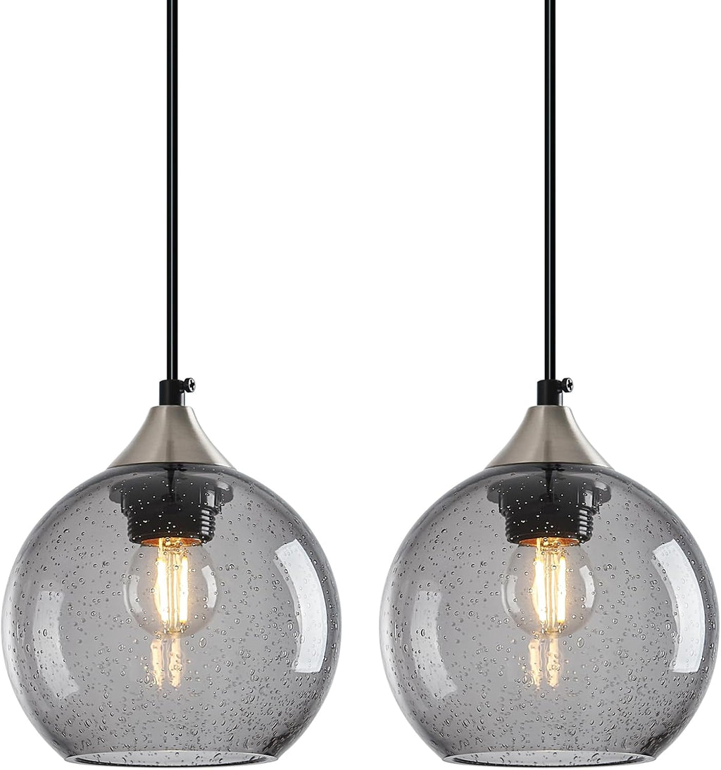 Light Grey Glass Pendant Lights Kitchen Island Globe Pendant Light Fixtures Modern Pendant Lighting for Bedroom Living Dining Room Light Fixture (5.9 in, 2 Pack)