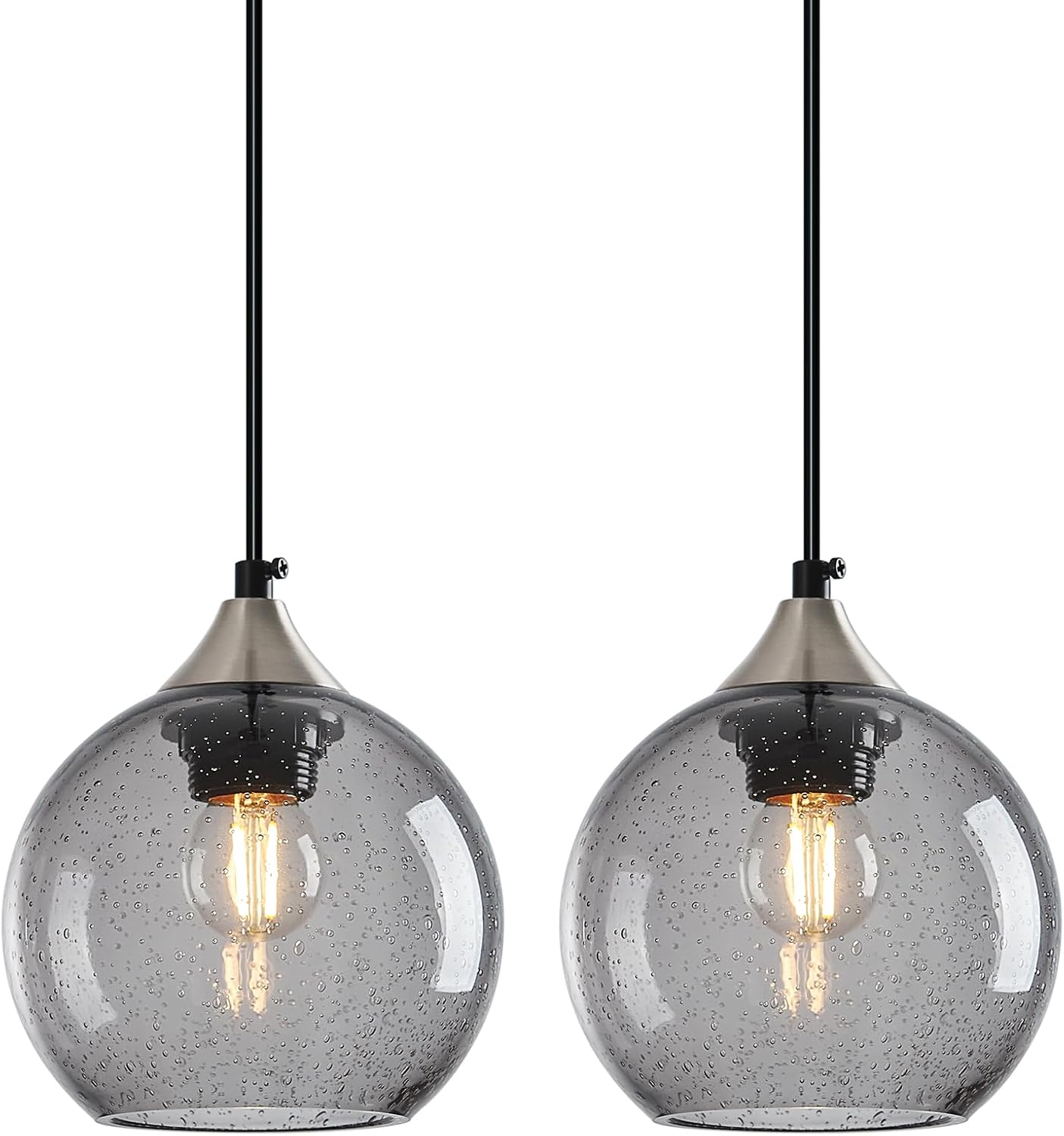 Light Grey Glass Pendant Lights Kitchen Island Globe Pendant Light Fixtures Modern Pendant Lighting for Bedroom Living Dining Room Light Fixture (5.9 in, 2 Pack)