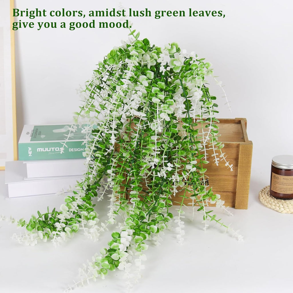 RECUTMS Fake Monkey Plants Hanging Eucalyptus Vines Fake Vines Faux Hanging Plants for Outdoor Garden Yard Backdrop Decor Indoor Room Table Wall Home Hanging Decoration(White)