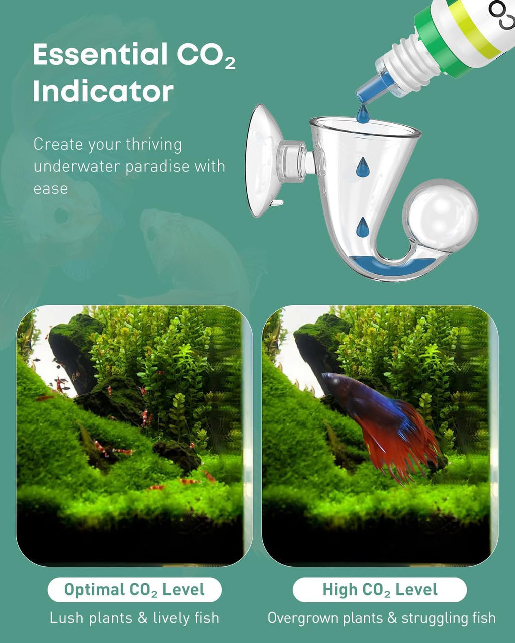 Pawfly Glass CO2 Drop Checker for Aquarium CO2 Indicator for Planted Fish Tank CO2 Monitor Kit with Solution & Suction Cups CO2 Detector Aquarium CO2 Tester Fish Tank Carbon Dioxide Checker