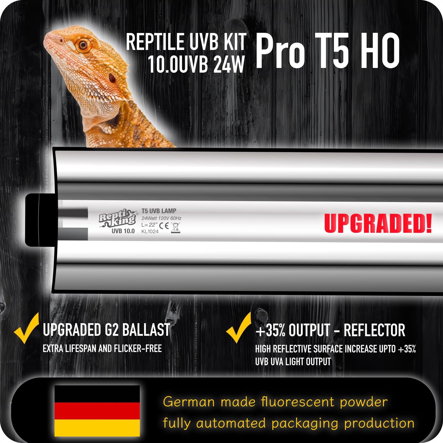 Upgraded T5 UVB Reptile Light, 10.0 UVB 24W German Made Fluorescent Lamp and Fixture Kit, for Desert-Dwelling Reptiles, Bearded Dragon UVB Lamp Bulb