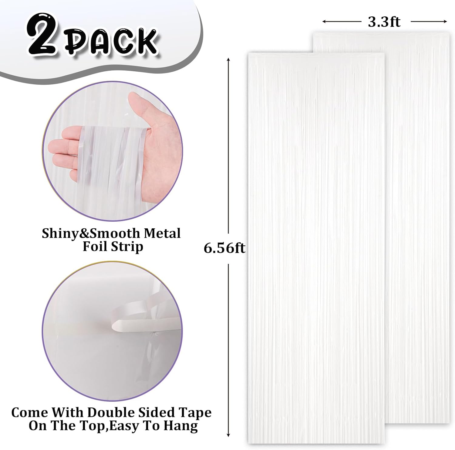 2 Pack White Tinsel Foil Fringe Curtains, White Party Decorations, Metallic Tinsel Party Streamers Backdrop for Birthday Baby Shower Graduation Wedding Anniversary Party Decorations