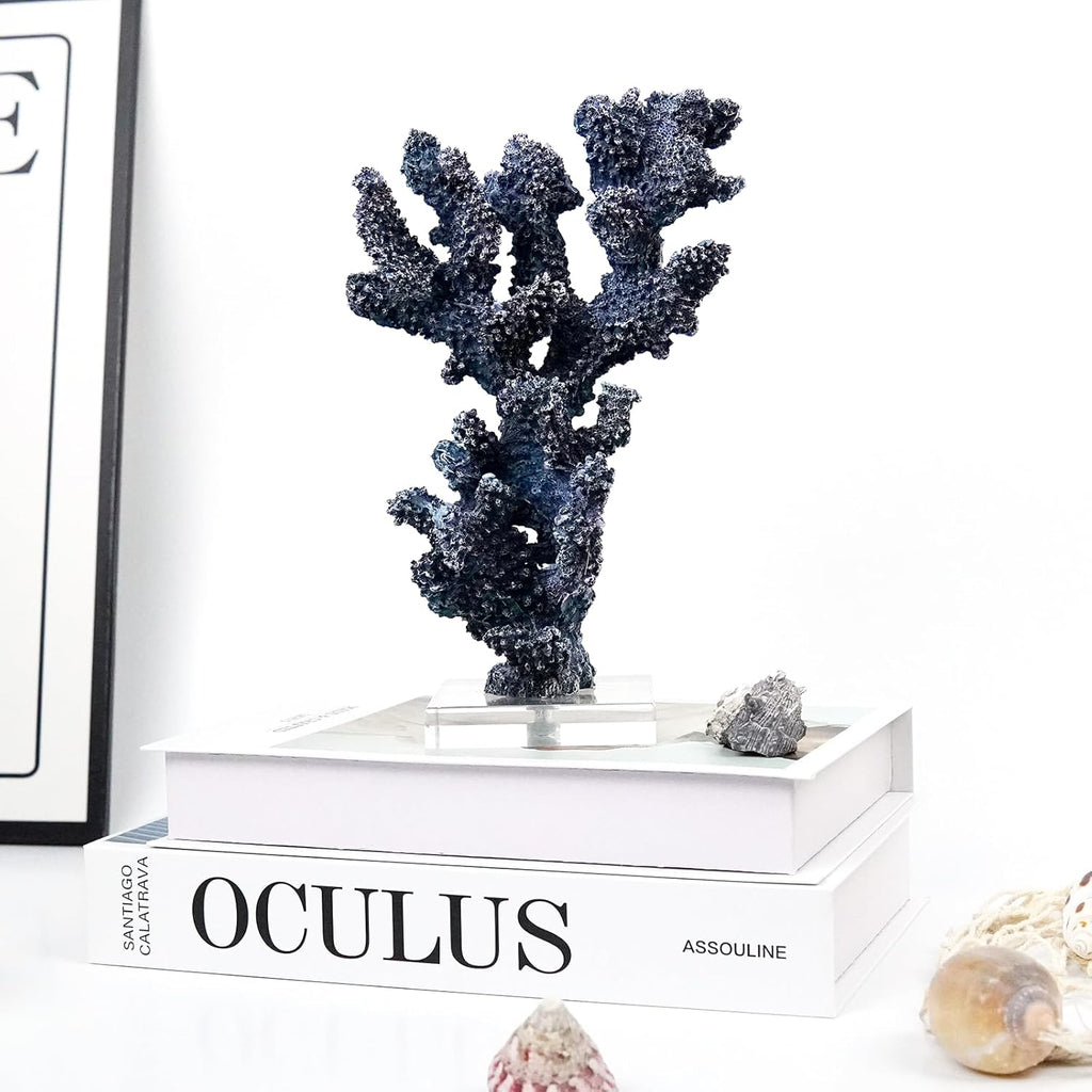 Coral Beach Decor, 9.5'' High x 5.2'' Width Artificial Resin Coral Reef Statue for Ocean Coastal Beach Nautical Themed Room Bathroom Decor for Home,RB1002B,Blue