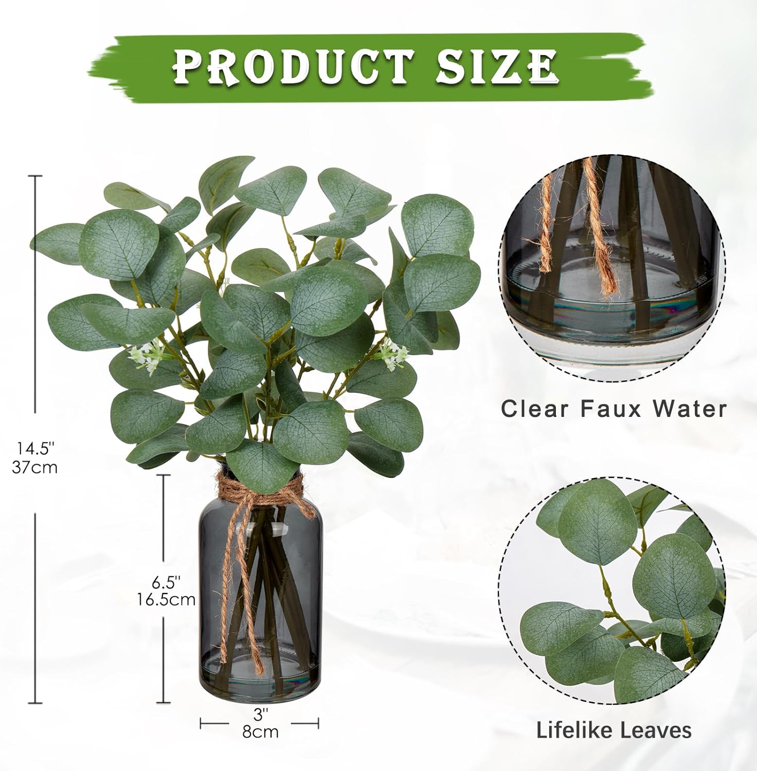 Briful Artificial Eucalyptus Stems in Black Glass Vase with Faux Water, 14" Fake Plant Eucalyptus Leaves for Home Office Farmhouse Wedding Centerpiece Décor