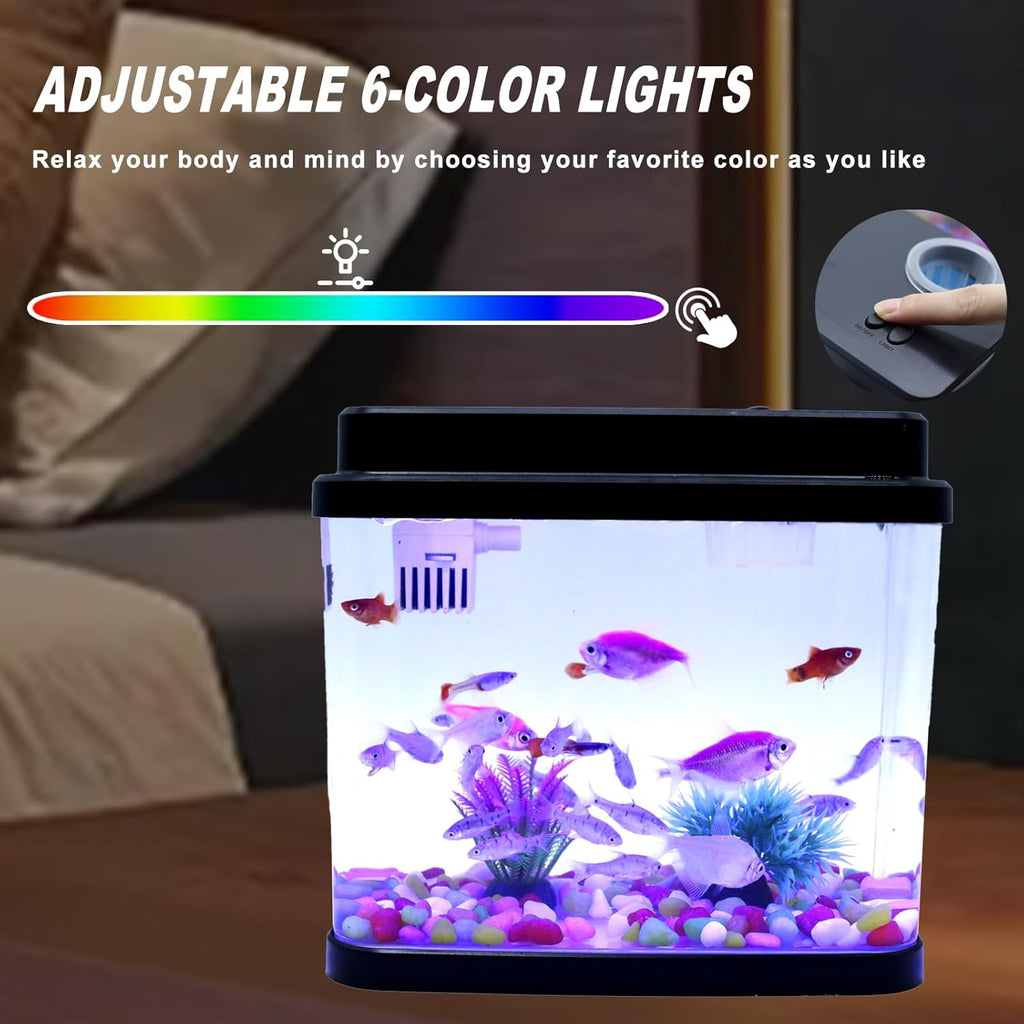 Mini Aquarium Fish Tank,1 Gallon Fish Bowl with Adjustable 6-Color LED Lamps,Filtration,Oxygenation,Water Circulation 3 in 1 Pump,DIY Ocean Stickers, Excellent Gifts for Children and Adults