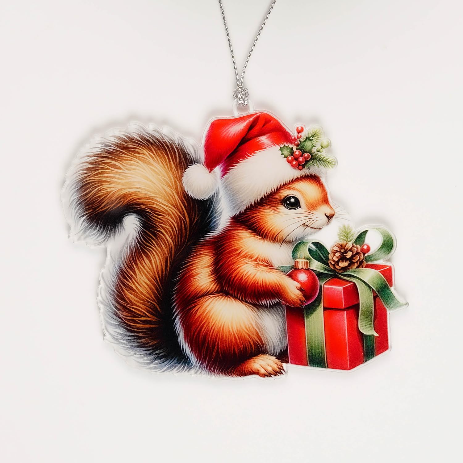 Squirrel Ornament, Squirrel Ornaments for Christmas Tree, Christmas Ornaments 2025, Cute Woodland Animal Holding Gift, Festive Holiday Decor, Red Santa Hat Decoration, Forest Themed Xmas Keepsake