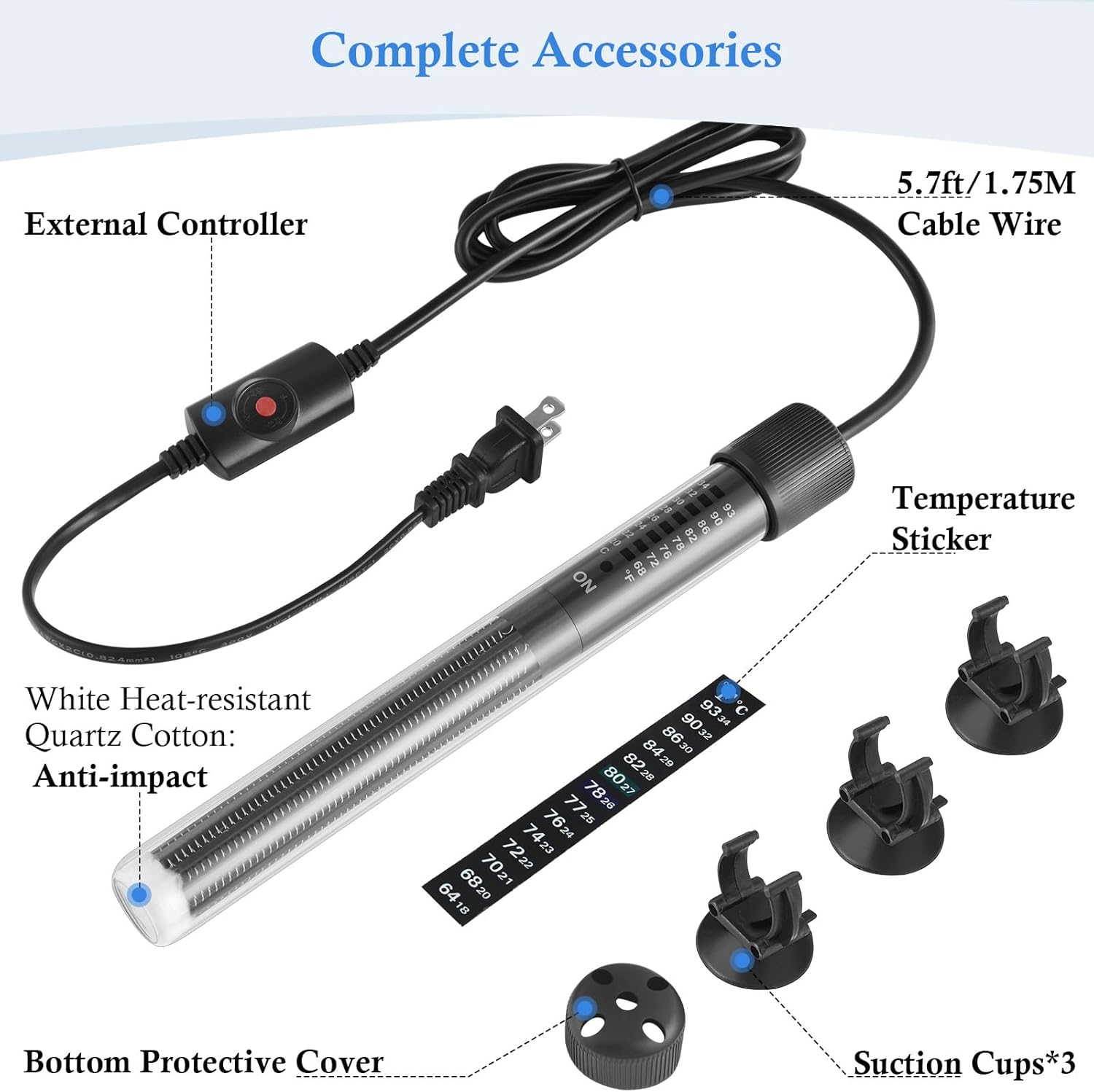 HITOP Thickened Glass Aquarium Heater: 50W 100W 300W Upgraded Fish Tank Heater with Controller, Fish Tank Thermostat Heater for Seawater/Fresh Water 5-65Gal