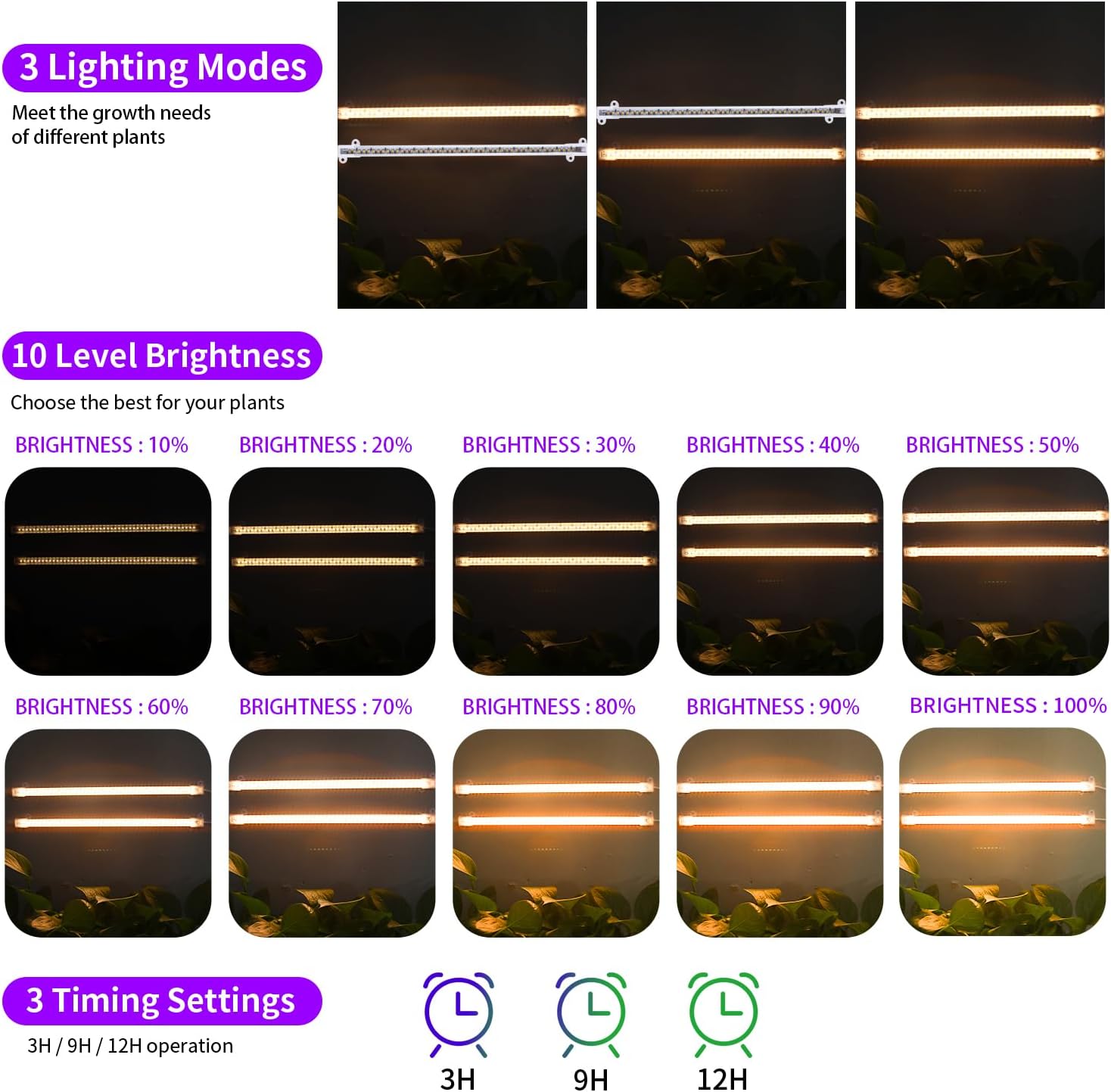 LED Grow Light Strips, Full Spectrum 3500K Plant Growing Lights for Indoor Plants, Plant Lamp for Hydroponics Succulent with 3/9/12H Timer, 10 Dimmable Levels, 3 Head 13 Inches (2 Strip 3 Pack)