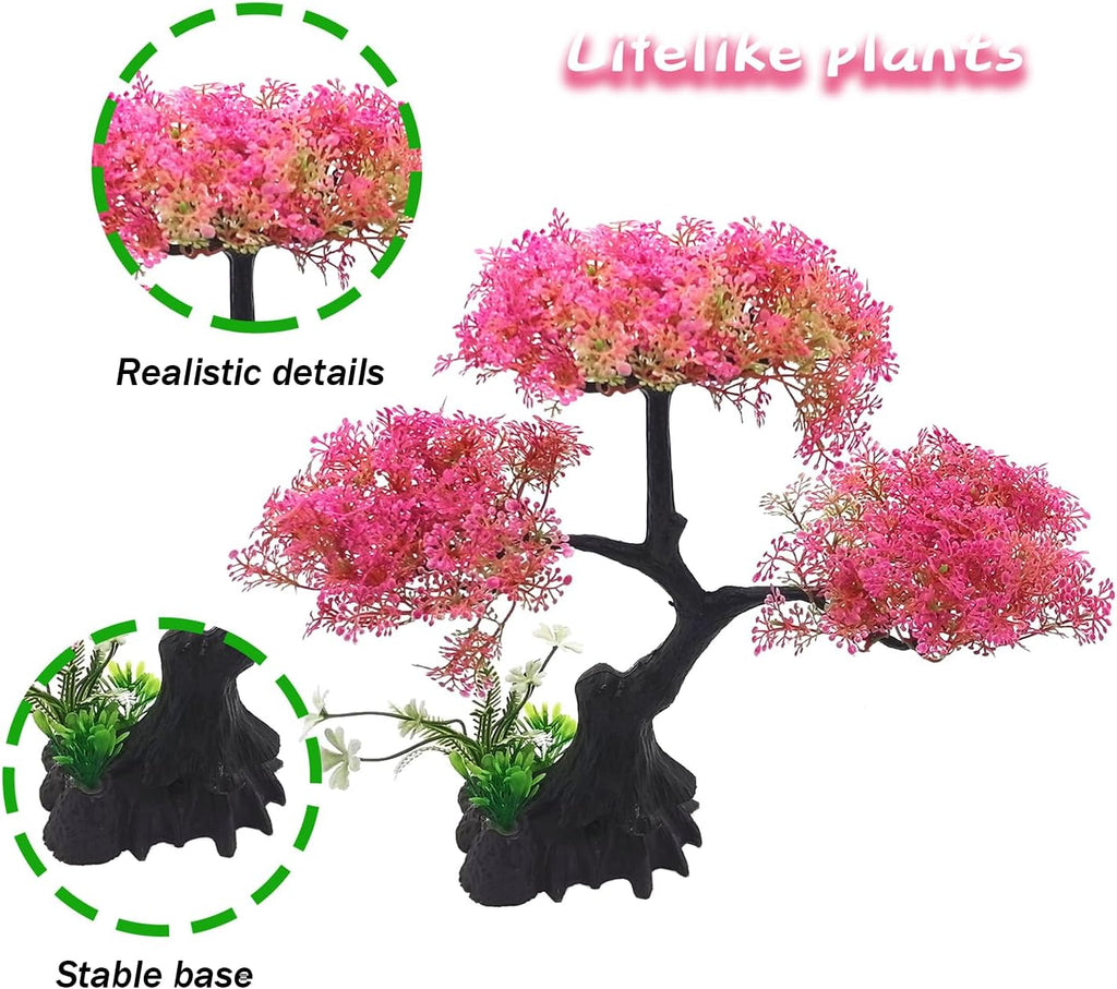 SLOCME Pink Cherry Blossom Tree Aquarium Decor Set – 10 Pcs Artificial Plastic Plants for Fish Tanks, Betta & Goldfish Hiding Accessories, Realistic & Safe Aquarium Decorations (Pink)