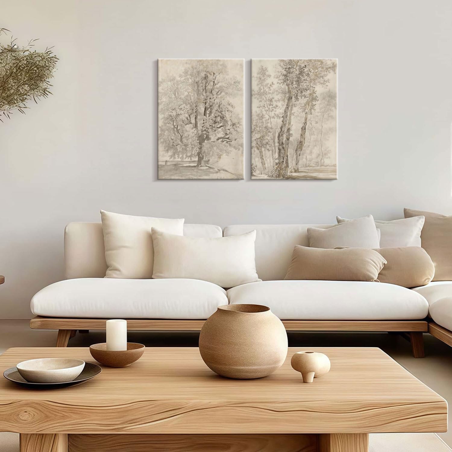 2pcs Framed Vintage Trees Canvas Landscape Sketch Wall Painting Plant Nature Picture Print Poster Rustic Nature Wabi Sabi Home Painting Bedroom Living Room Studio Decor 12x16 Inch Ready to Hang