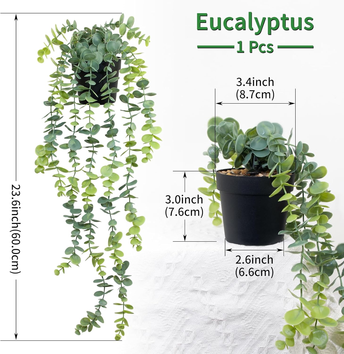 LOYWREE Fake Hanging Eucalyptus Plants Small Potted Long Vine Plants Indoor for Vintage Boho Farmhouse Bathroom Office Desk Wall Shelf Room Aesthetic Decor (Black Pot)