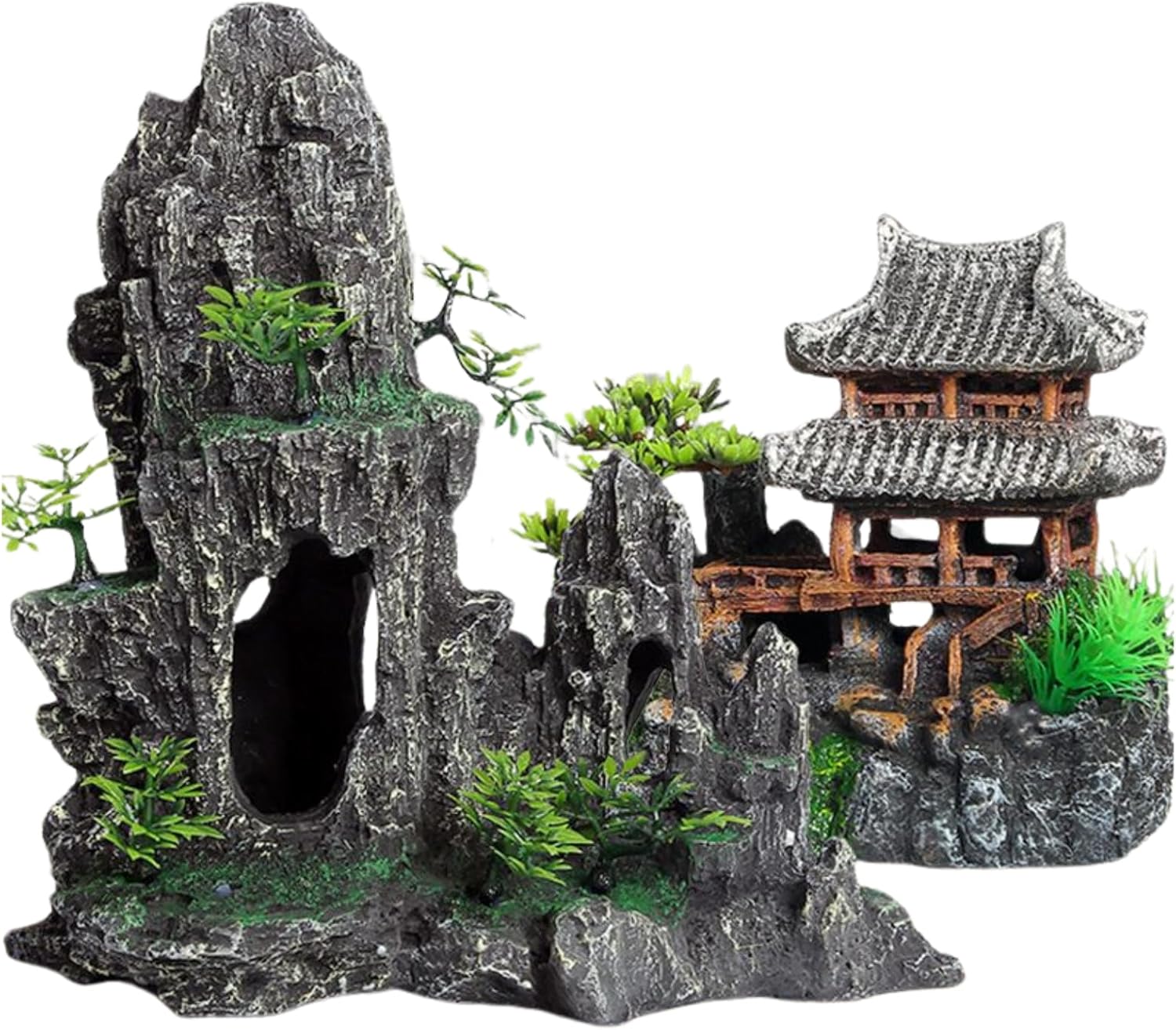 Saim Extra Large Aquarium Decorations, Resin Castle and Artificial Rock with Plants (Ancient Temple with Mountain) Fish Hideout Cave for Amano Shrimp Cichlid to Play, Hide and Rest Hardscape