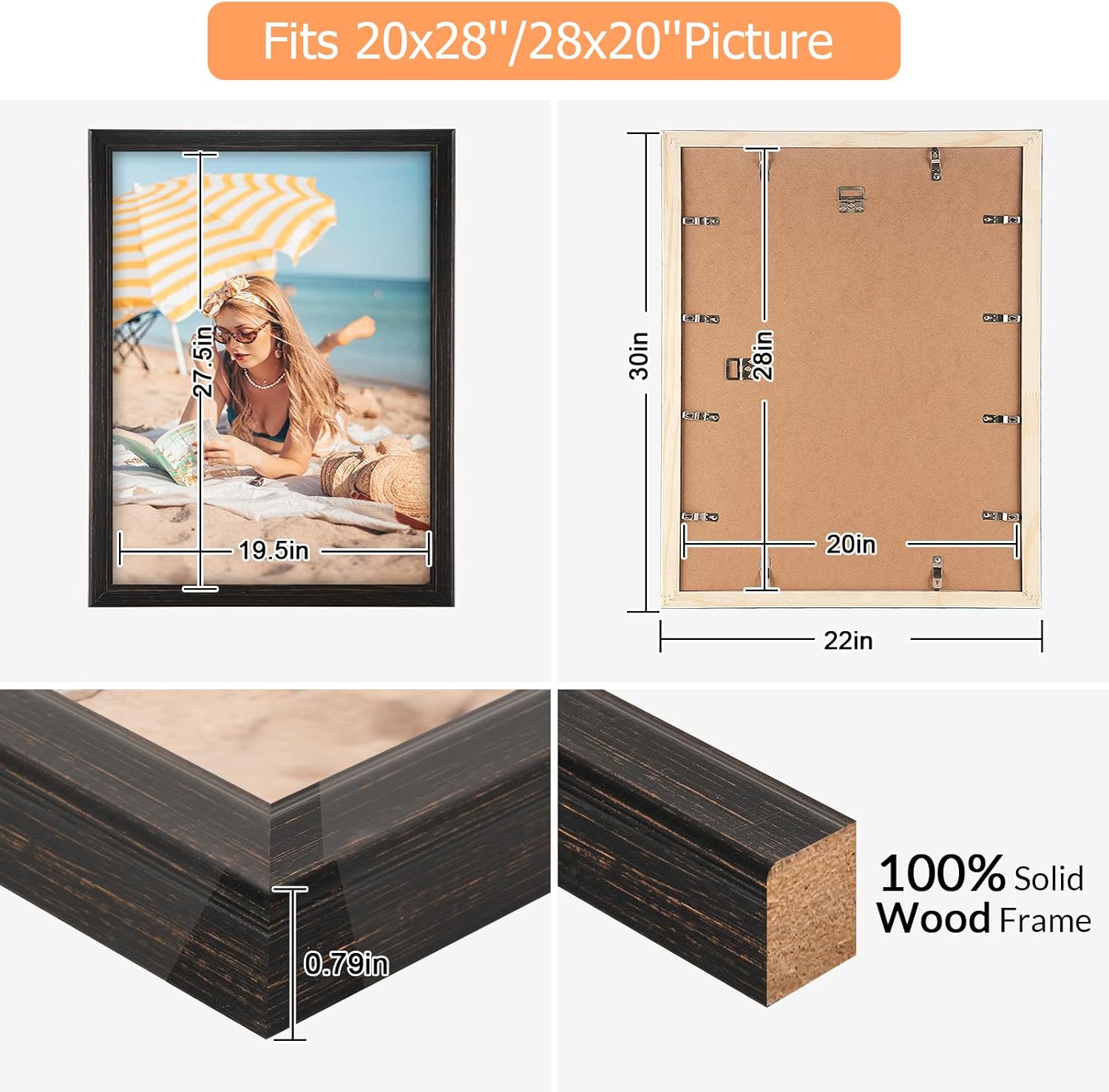 20x28 Wood Frame Black, Rustic Natural Wooden 28x20in Poster Picture Frame, Distressed 20 x 28inch Woodgrain Gallery Photo Frame with HD Plexiglass, Horizontal Vertical Wall Mounting Display 1pcs