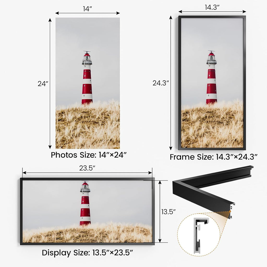 14x24 Aluminum Metal Picture Frame,Tempered Glass Black Panoramic Picture Frame 14x24,Thin Border 14 x 24 Poster Frame for Artwork to Gallery Wall Mount Horizontal or Vertical