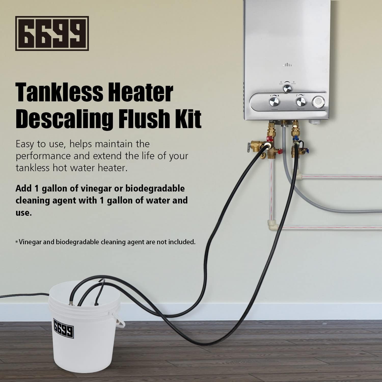 Tankless Water Heater Descaling Flush Kit Includes Submersible Utility Pump with Adapters 3 Gallons Pail with Bucket Lid Opener and Two 3/4" GHT X 6FT PVC Black Hoses Easy Installation to Clean