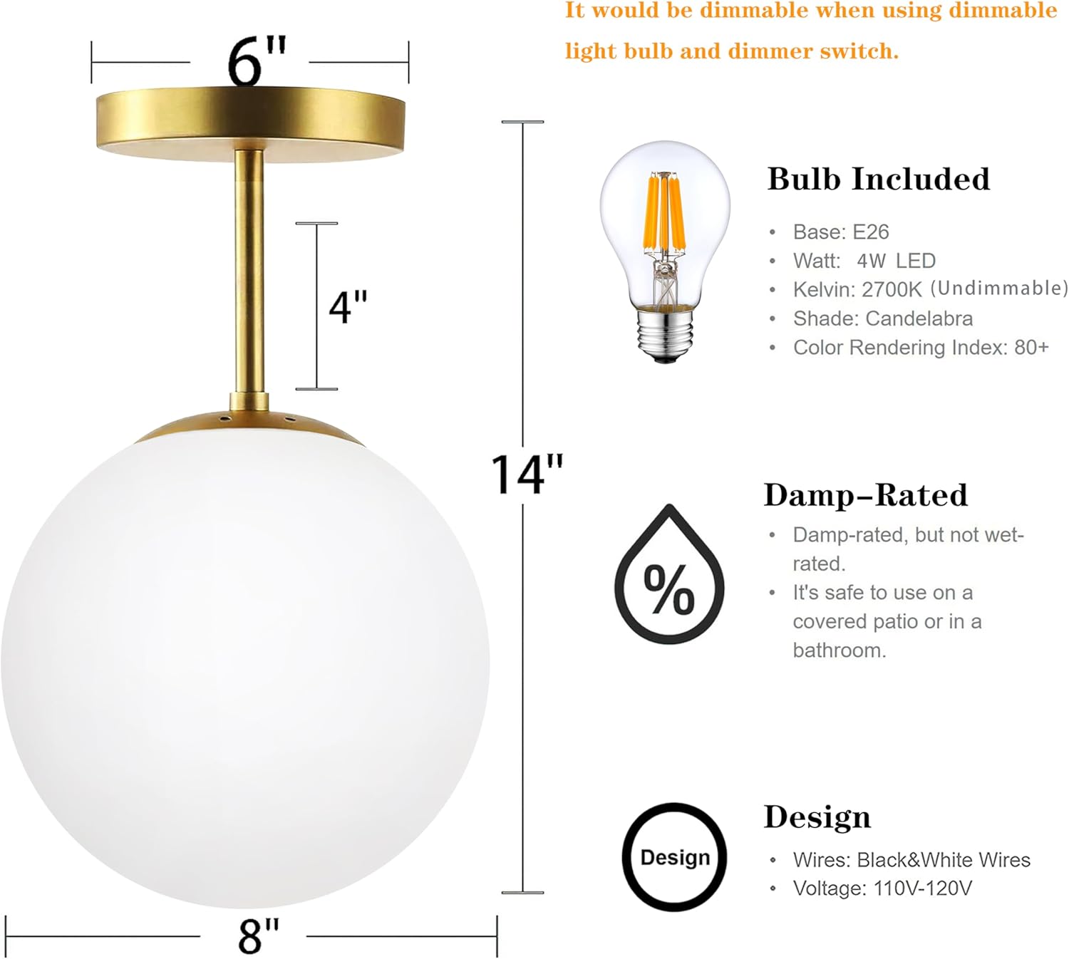 Globe Semi Flush Mount Ceiling Light Fixture Globe Ceiling Light Milk Glass Matte Gold Finish Contemporary Mid Century Modern Lighting for Hallway Living Room Kitchen Bedroom Storage(Bulb Included)